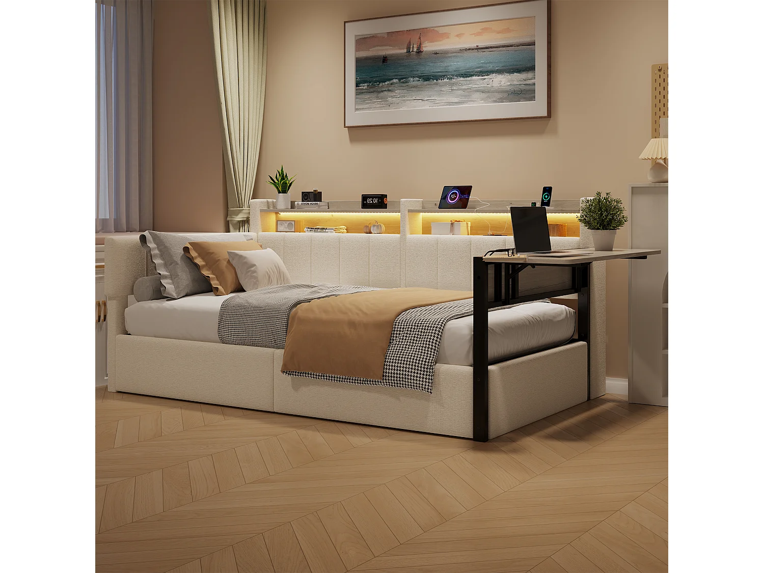 Slaapbank met opbergruimte 90 x 200 cm - met LED-lichtstrip - met inklapbare tafel - USB-poort - fluweelstof - wit (matras niet inbegrepen)