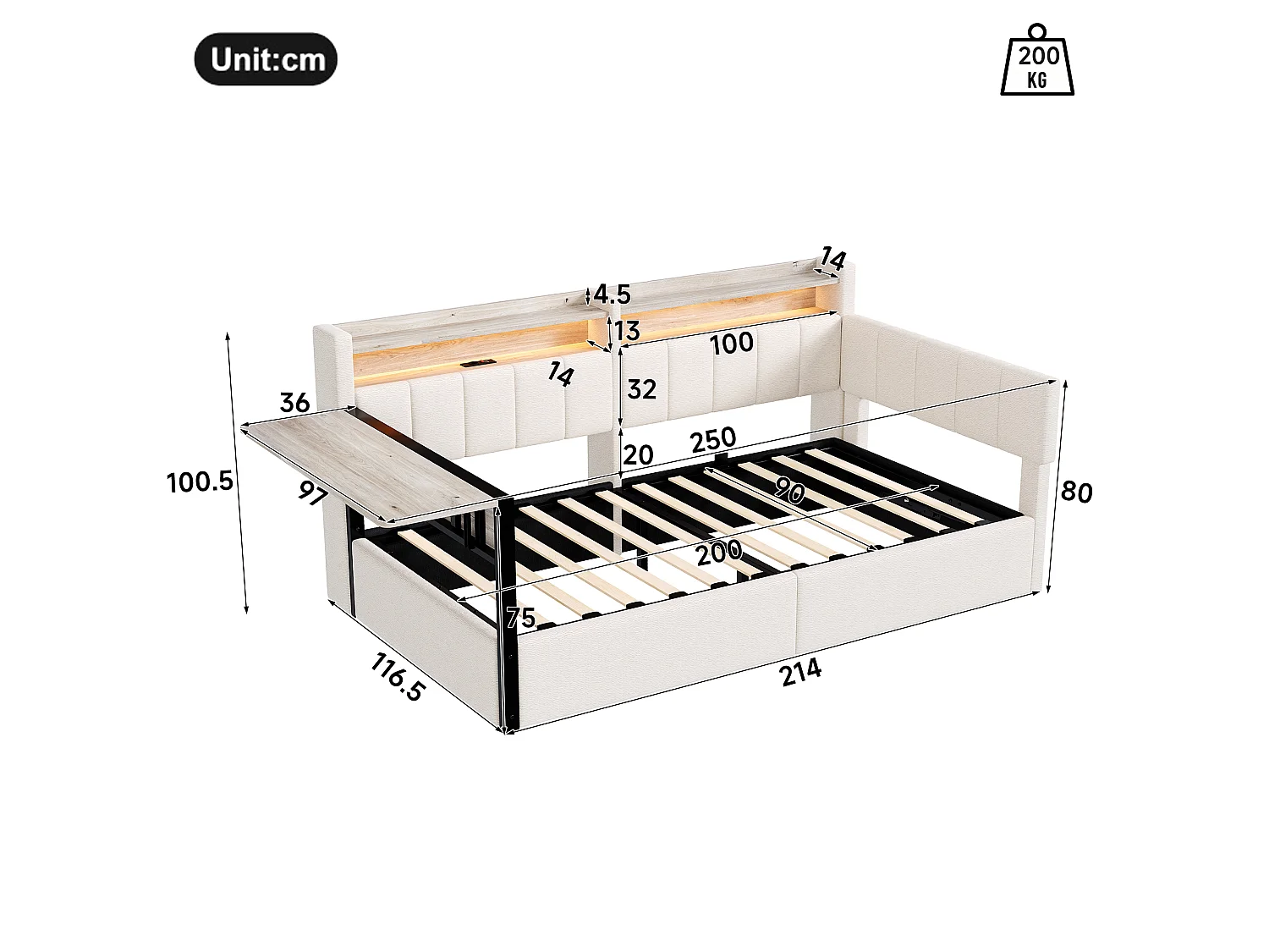 Slaapbank met opbergruimte 90 x 200 cm - met LED-lichtstrip - met inklapbare tafel - USB-poort - fluweelstof - wit (matras niet inbegrepen)