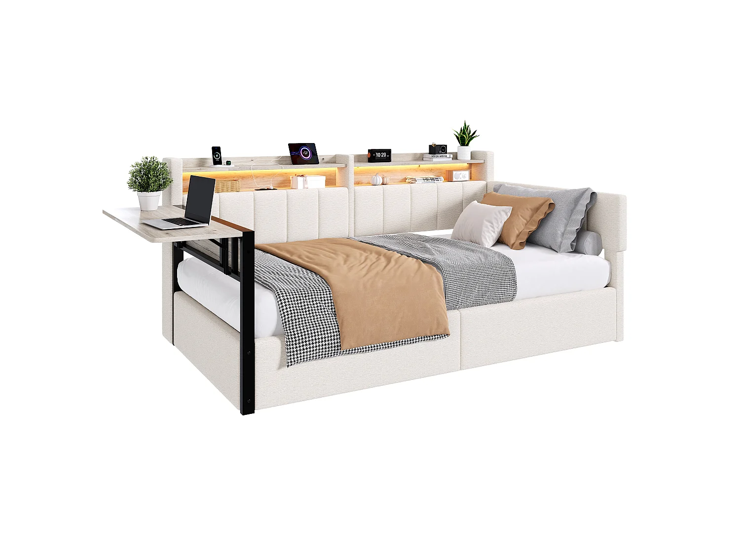Slaapbank met opbergruimte 90 x 200 cm - met LED-lichtstrip - met inklapbare tafel - USB-poort - fluweelstof - wit (matras niet inbegrepen)