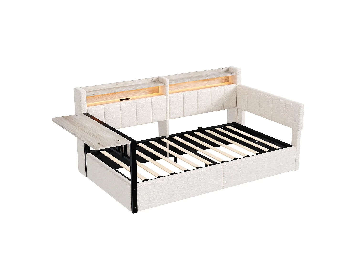 Slaapbank met opbergruimte 90 x 200 cm - met LED-lichtstrip - met inklapbare tafel - USB-poort - fluweelstof - wit (matras niet inbegrepen)