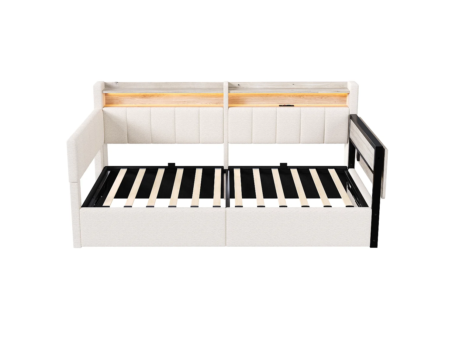 Slaapbank met opbergruimte 90 x 200 cm - met LED-lichtstrip - met inklapbare tafel - USB-poort - fluweelstof - wit (matras niet inbegrepen)