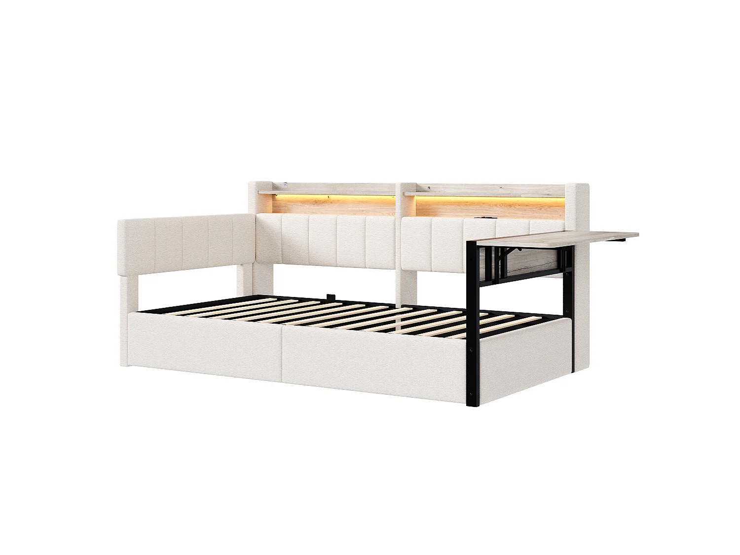 Slaapbank met opbergruimte 90 x 200 cm - met LED-lichtstrip - met inklapbare tafel - USB-poort - fluweelstof - wit (matras niet inbegrepen)