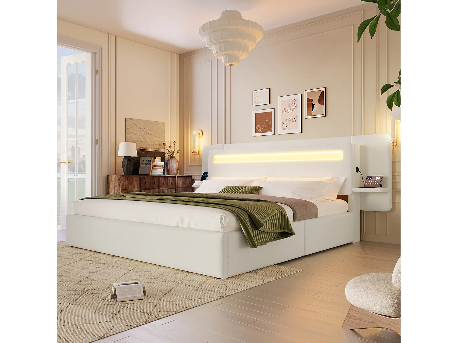 Hemelbed met gestoffeerde kopwand 180 x 200 cm - met opbergruimte onder het bed - nachtkastje, USB-poort en LED - MDF + linnen - Beige (zonder matras)