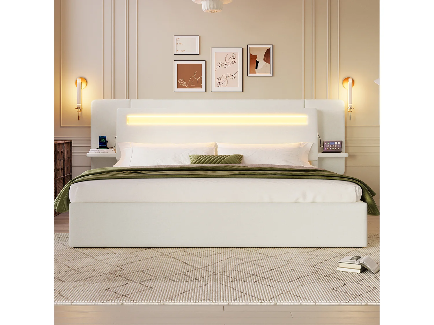 Hemelbed met gestoffeerde kopwand 180 x 200 cm - met opbergruimte onder het bed - nachtkastje, USB-poort en LED - MDF + linnen - Beige (zonder matras)