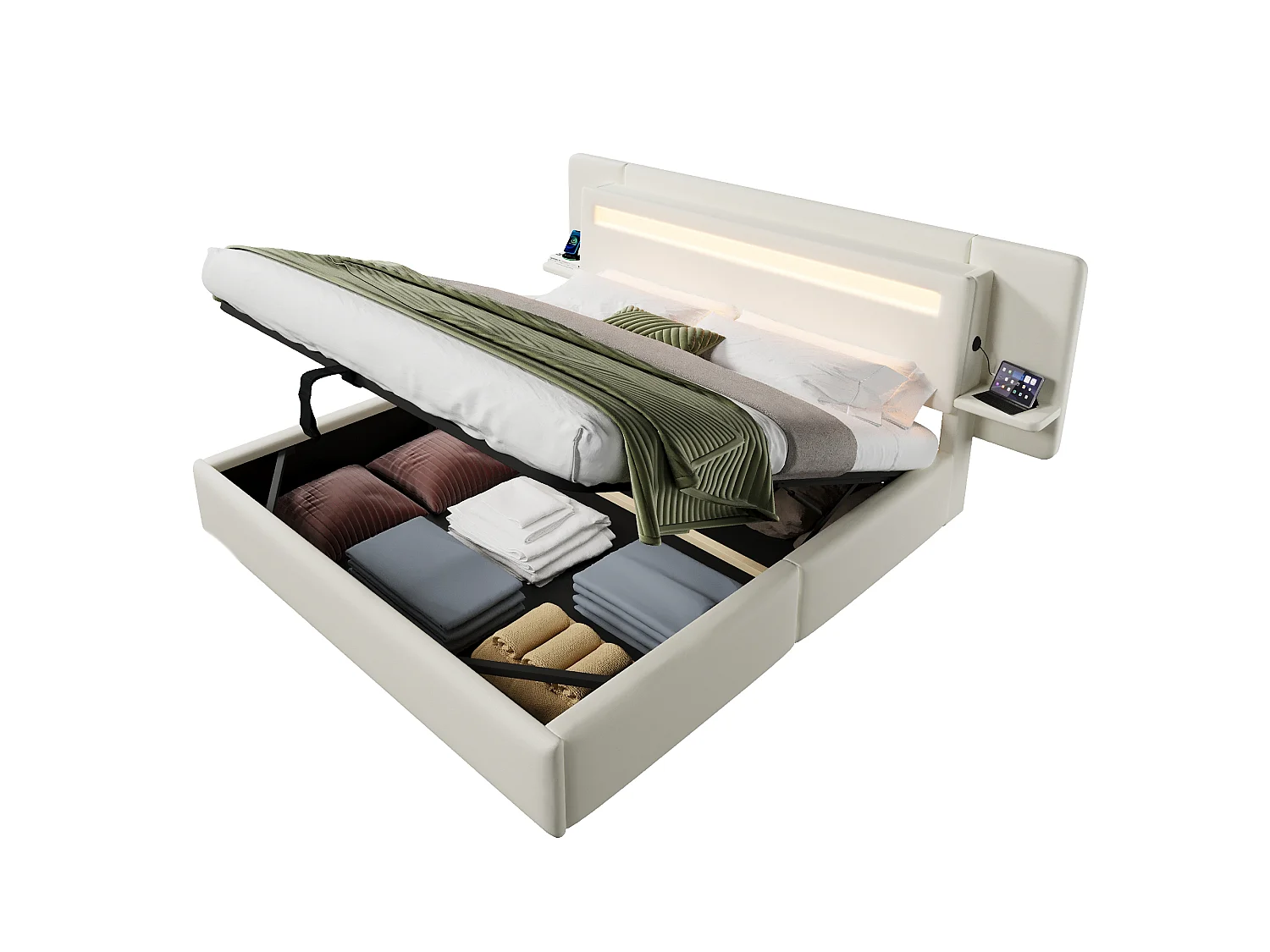 Hemelbed met gestoffeerde kopwand 180 x 200 cm - met opbergruimte onder het bed - nachtkastje, USB-poort en LED - MDF + linnen - Beige (zonder matras)