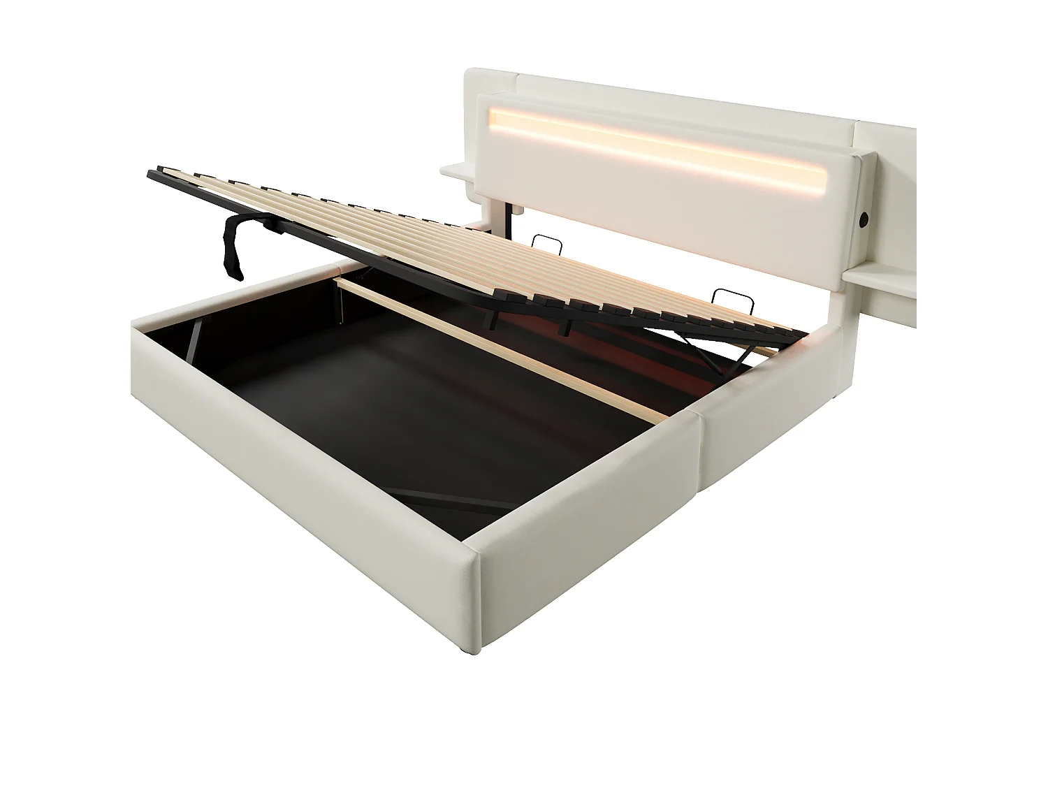 Hemelbed met gestoffeerde kopwand 180 x 200 cm - met opbergruimte onder het bed - nachtkastje, USB-poort en LED - MDF + linnen - Beige (zonder matras)