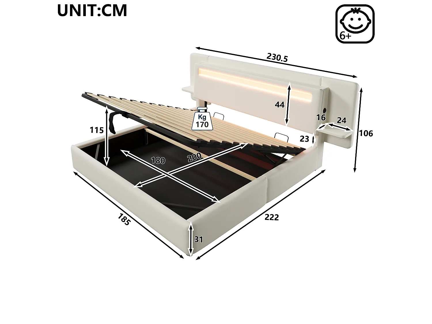 Hemelbed met gestoffeerde kopwand 180 x 200 cm - met opbergruimte onder het bed - nachtkastje, USB-poort en LED - MDF + linnen - Beige (zonder matras)