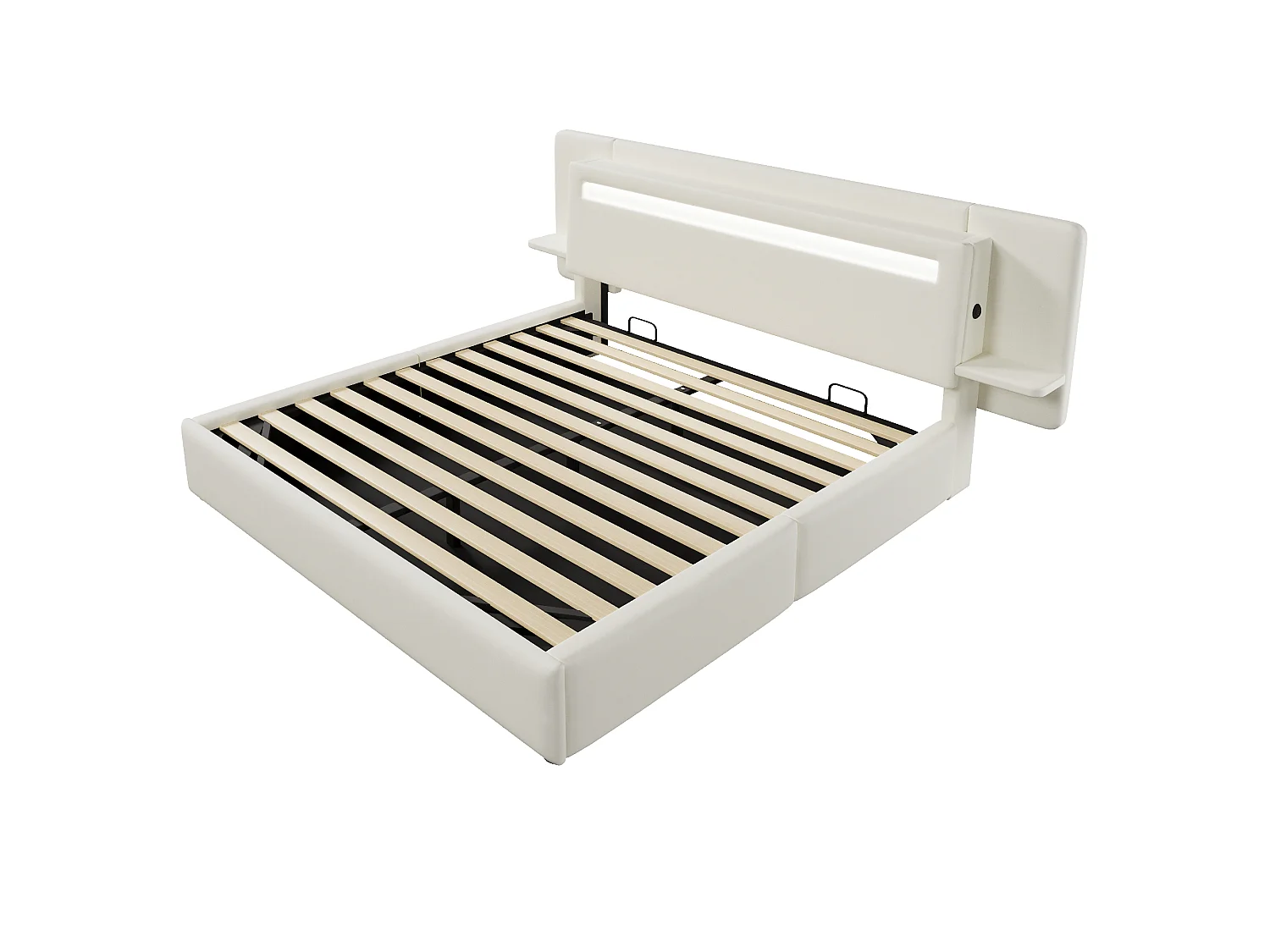 Hemelbed met gestoffeerde kopwand 180 x 200 cm - met opbergruimte onder het bed - nachtkastje, USB-poort en LED - MDF + linnen - Beige (zonder matras)