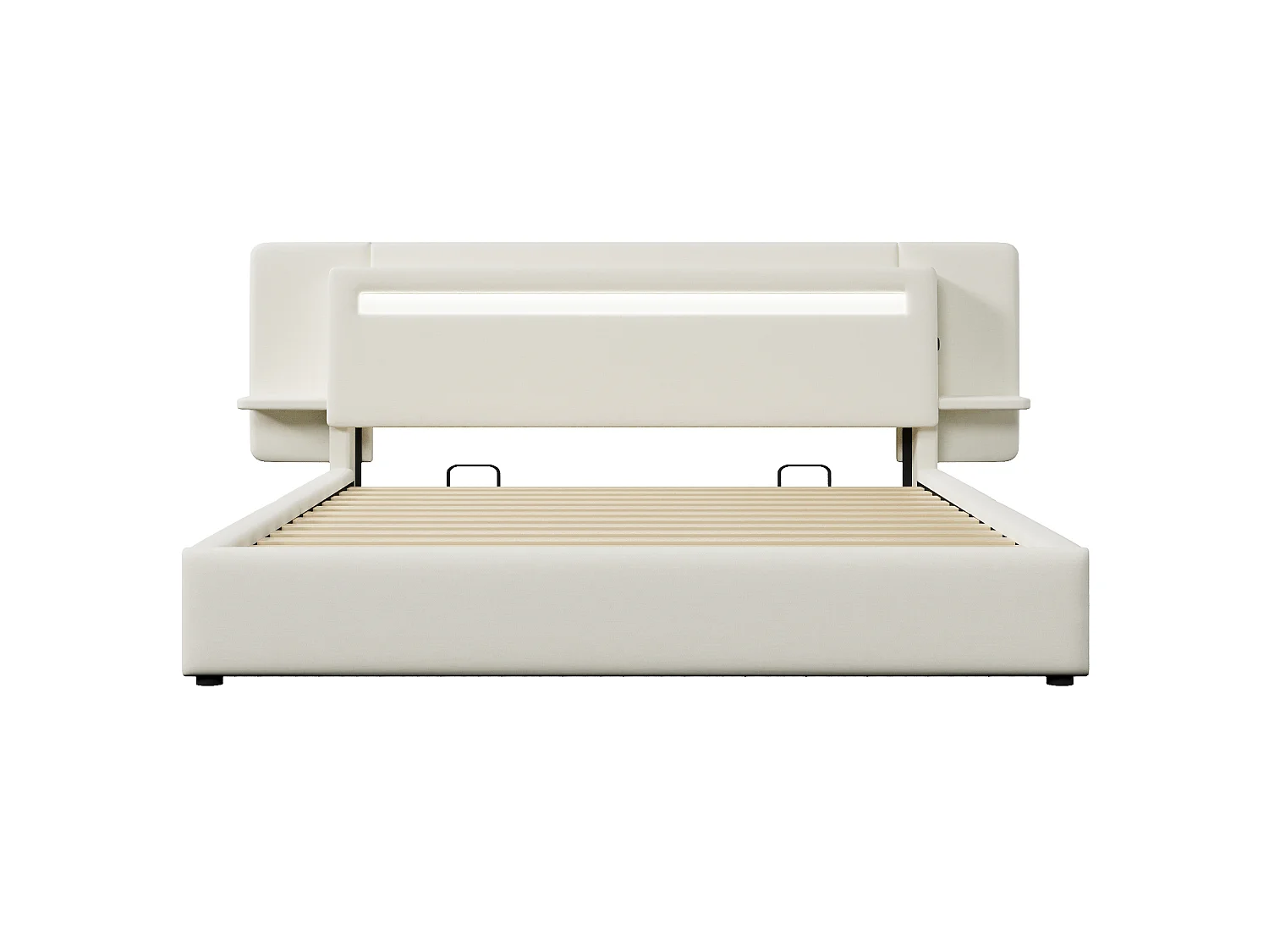 Hemelbed met gestoffeerde kopwand 180 x 200 cm - met opbergruimte onder het bed - nachtkastje, USB-poort en LED - MDF + linnen - Beige (zonder matras)