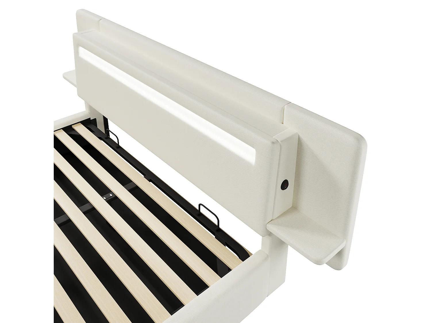 Hemelbed met gestoffeerde kopwand 180 x 200 cm - met opbergruimte onder het bed - nachtkastje, USB-poort en LED - MDF + linnen - Beige (zonder matras)