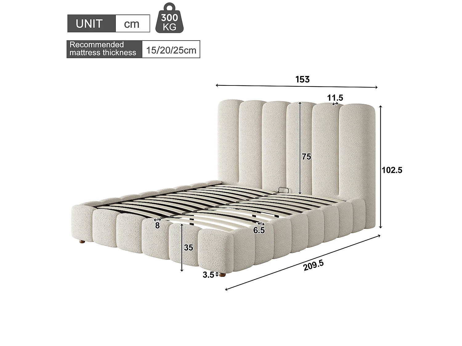 Cama baúl acolchada 140x190cm - Cabecero acolchado - Almacenamiento bajo la cama - Base de láminas - Tejido bouclé - Blanco (sin colchón)
