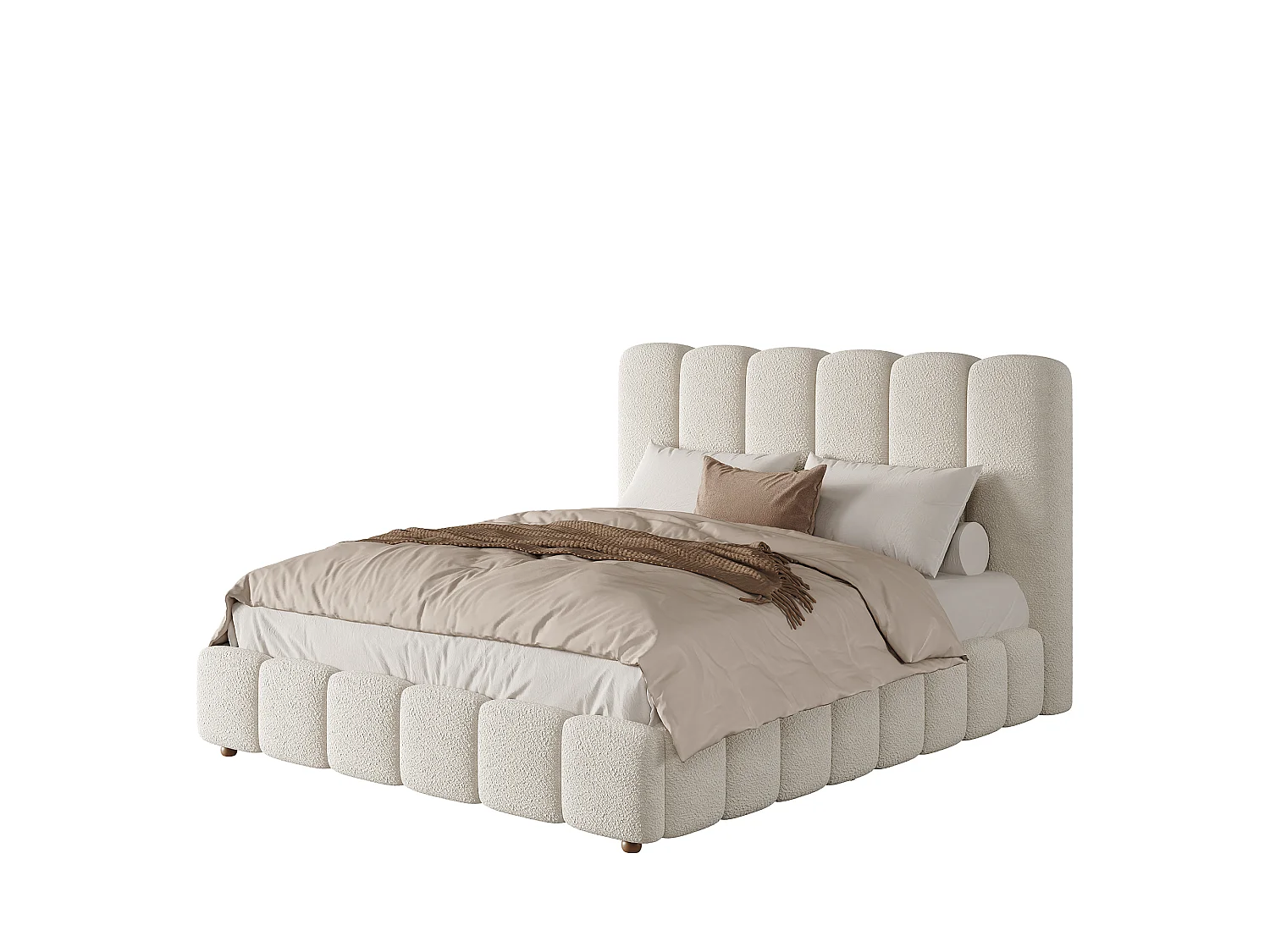 Cama baúl acolchada 140x190cm - Cabecero acolchado - Almacenamiento bajo la cama - Base de láminas - Tejido bouclé - Blanco (sin colchón)