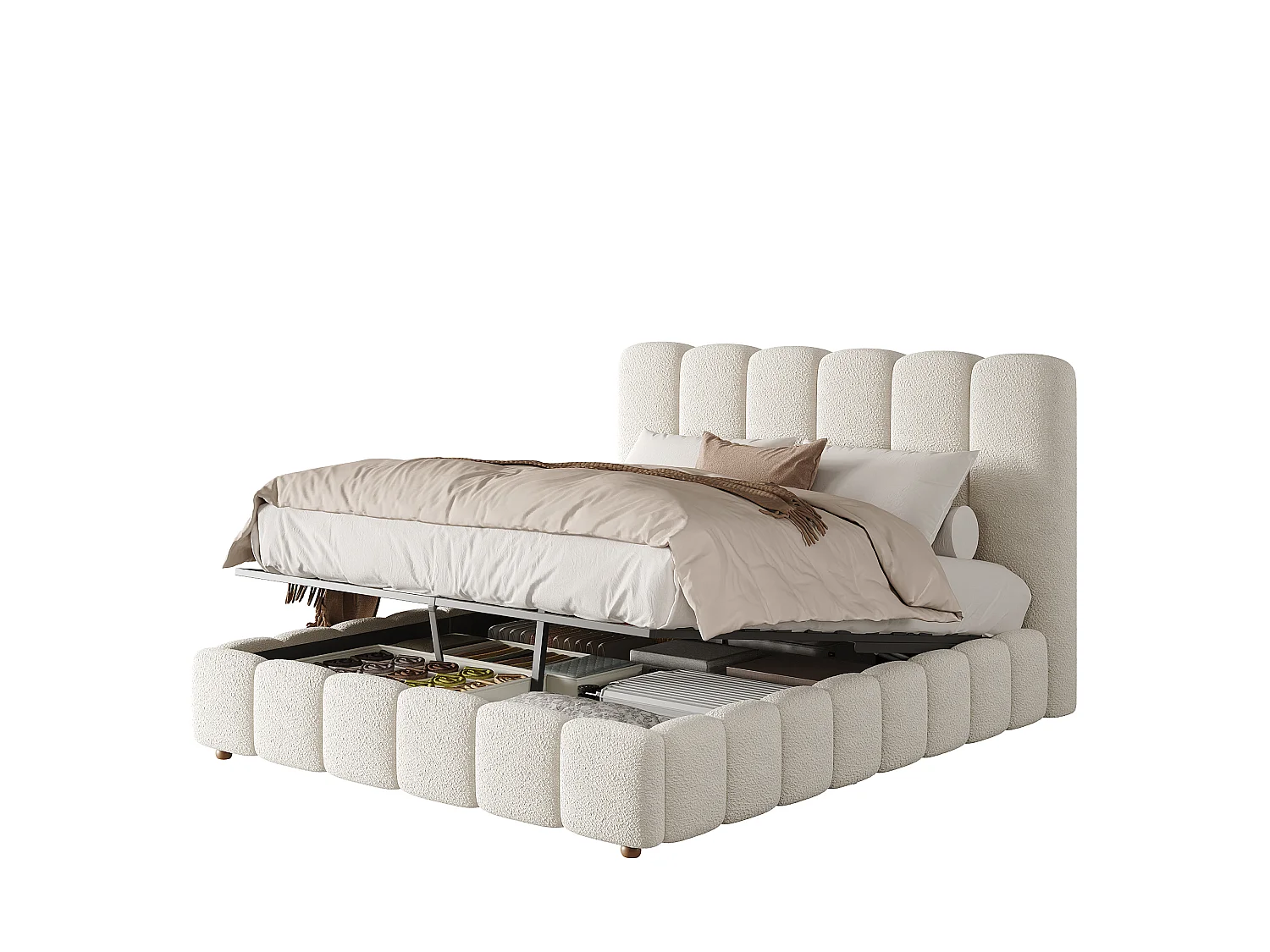 Cama baúl acolchada 140x190cm - Cabecero acolchado - Almacenamiento bajo la cama - Base de láminas - Tejido bouclé - Blanco (sin colchón)