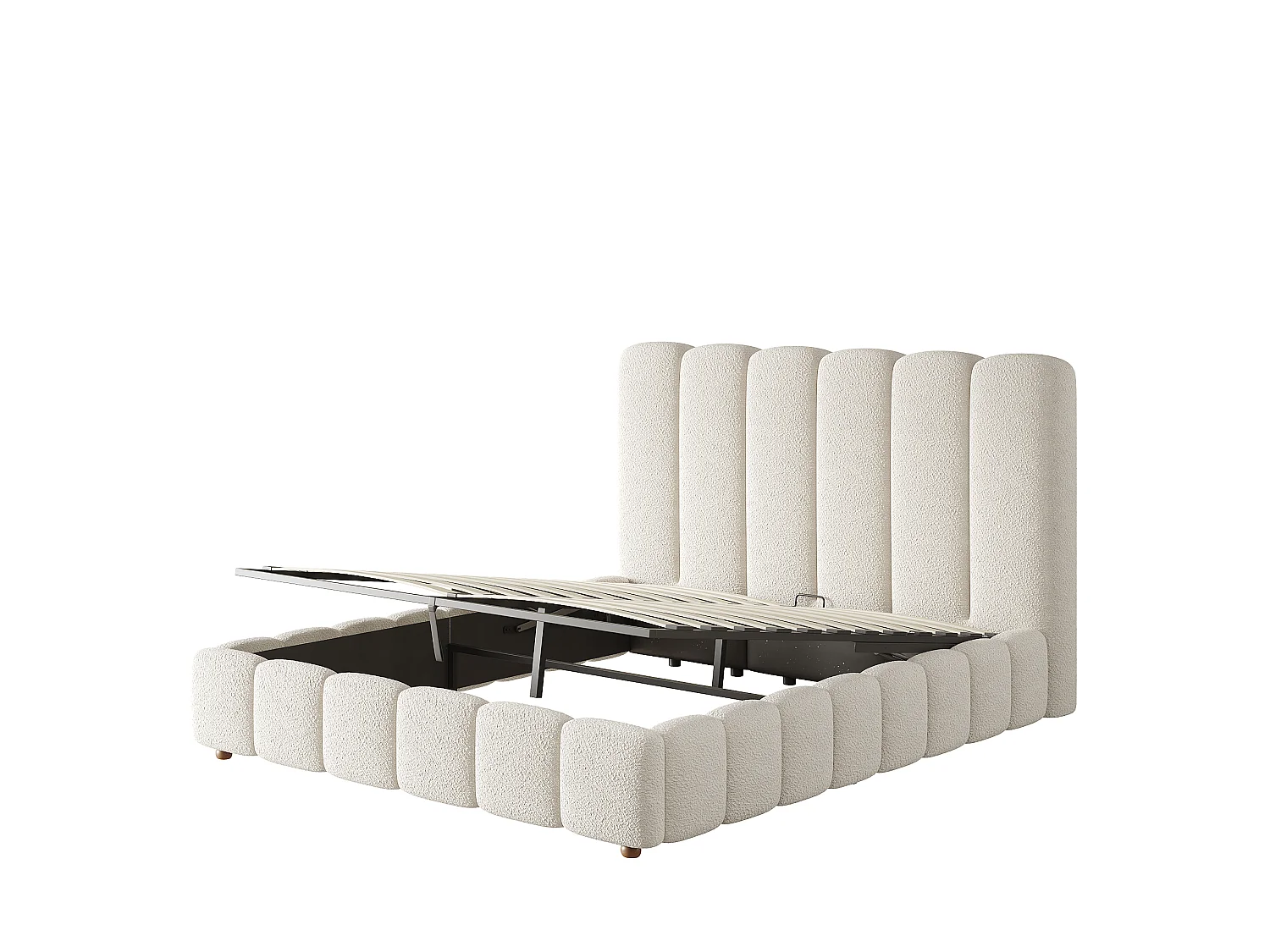 Cama baúl acolchada 140x190cm - Cabecero acolchado - Almacenamiento bajo la cama - Base de láminas - Tejido bouclé - Blanco (sin colchón)