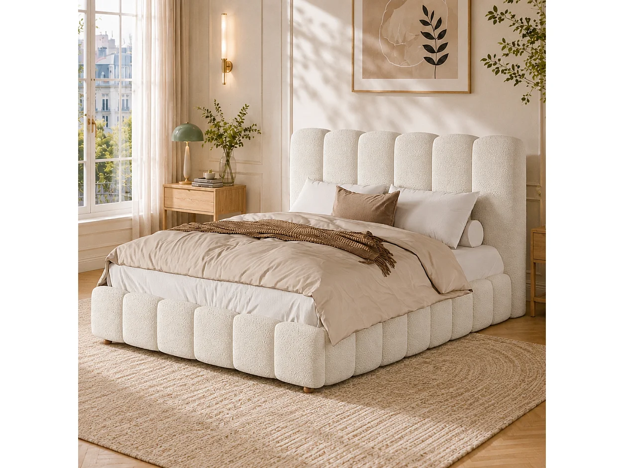 Cama baúl acolchada 140x190cm - Cabecero acolchado - Almacenamiento bajo la cama - Base de láminas - Tejido bouclé - Blanco (sin colchón)