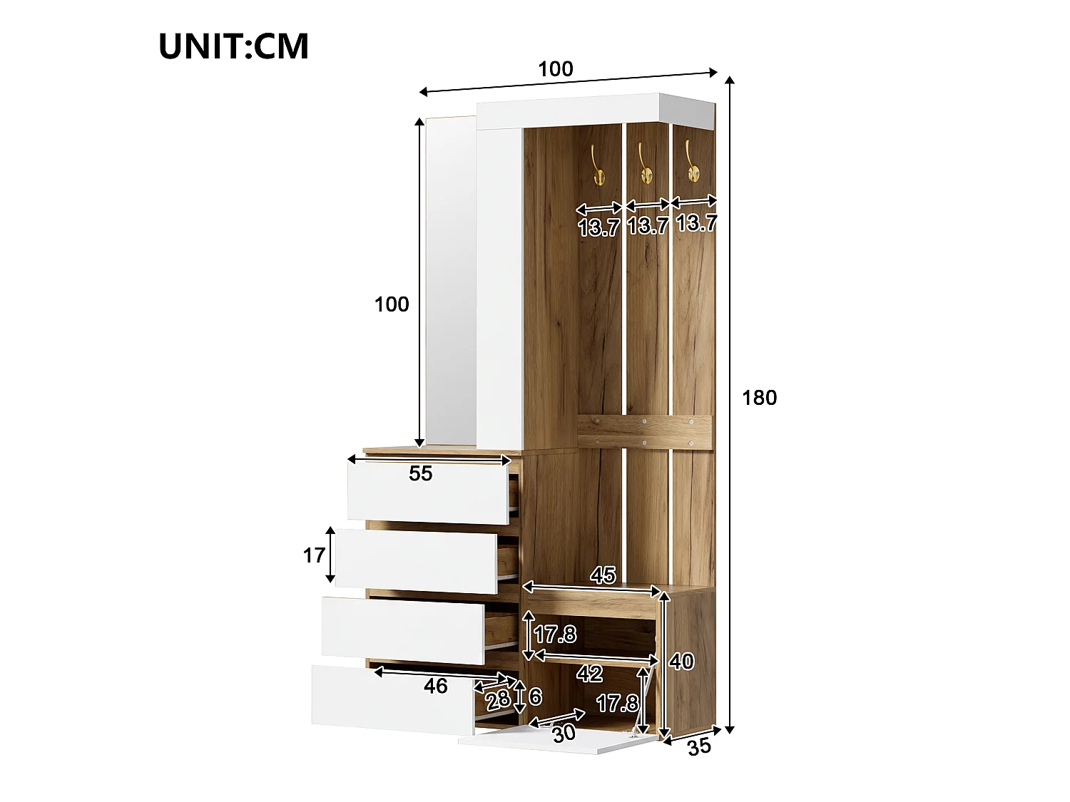 Ensemble vestiaire d'entrée 100x35x180cm - avec miroir et meuble à chaussures - avec 4 tiroirs et crochet - Naturel + Blanc