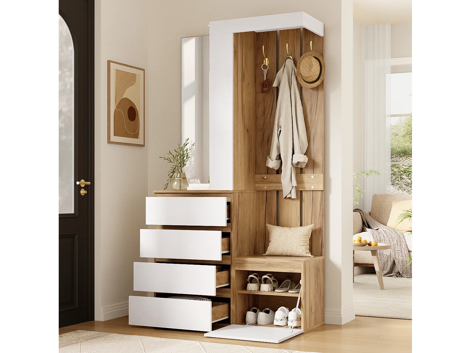 Ensemble vestiaire d'entrée 100x35x180cm - avec miroir et meuble à chaussures - avec 4 tiroirs et crochet - Naturel + Blanc