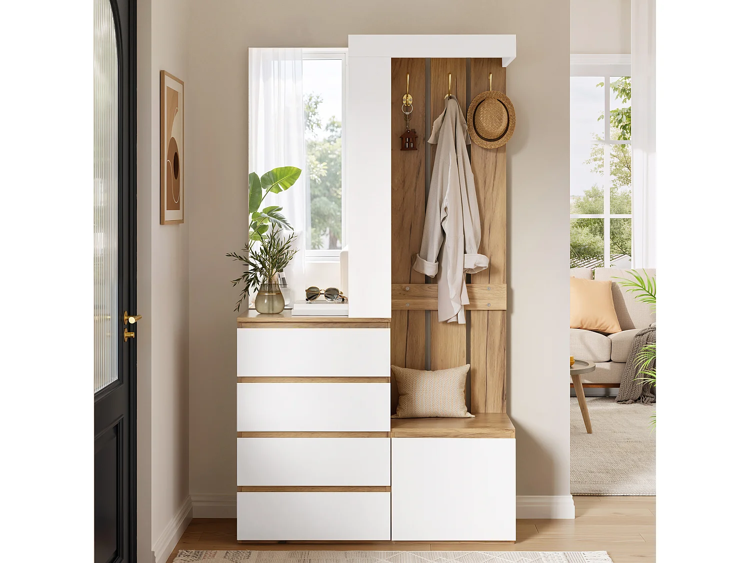 Ensemble vestiaire d'entrée 100x35x180cm - avec miroir et meuble à chaussures - avec 4 tiroirs et crochet - Naturel + Blanc