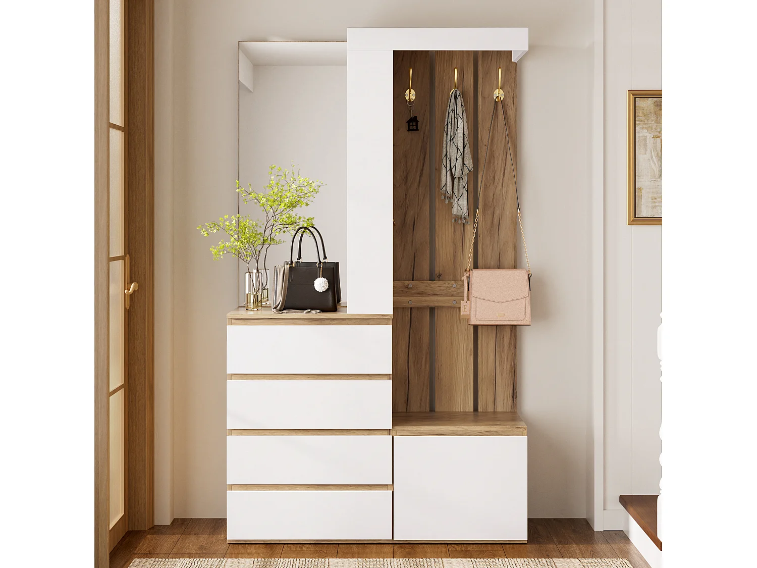 Ensemble vestiaire d'entrée 100x35x180cm - avec miroir et meuble à chaussures - avec 4 tiroirs et crochet - Naturel + Blanc