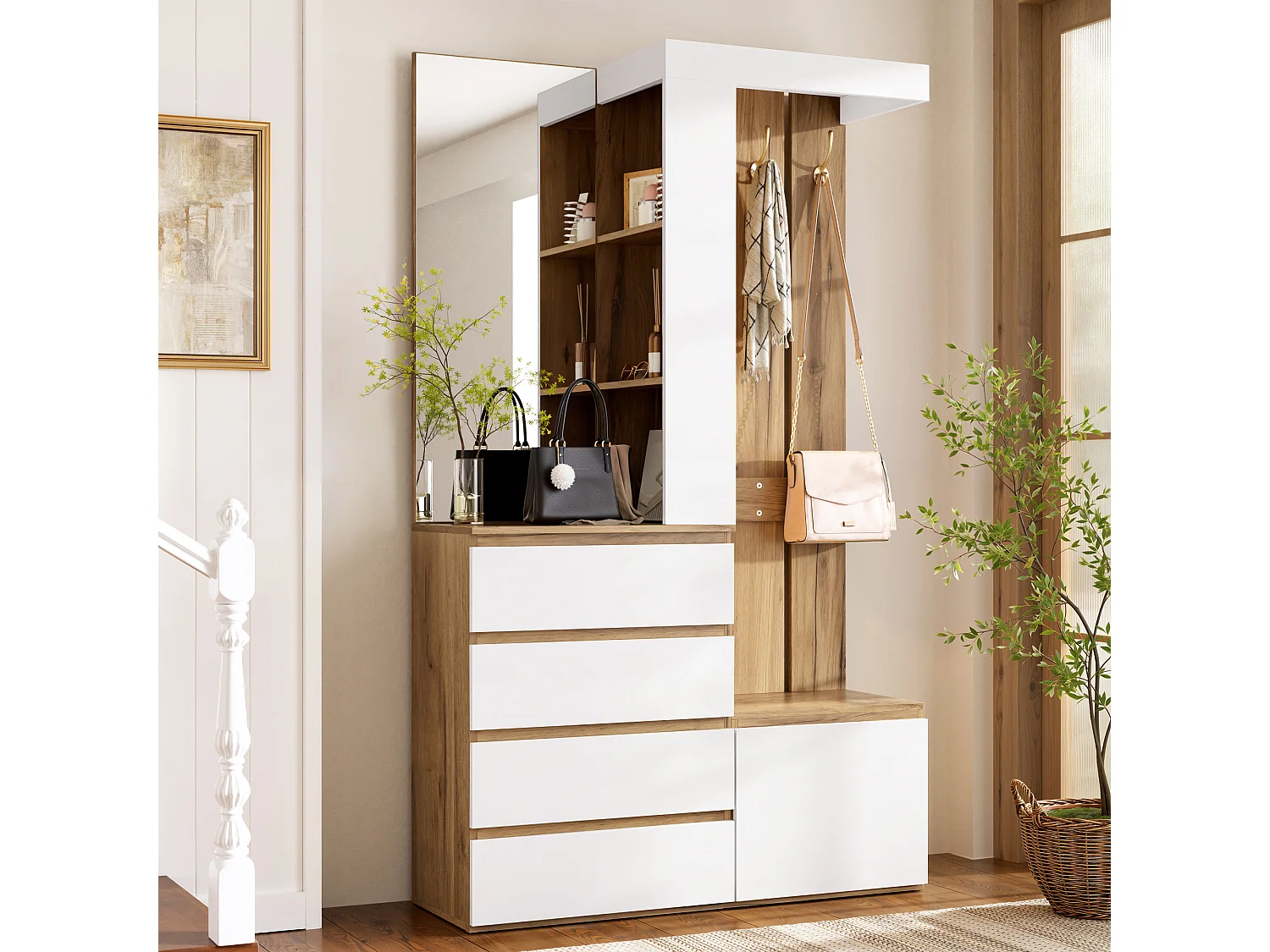 Ensemble vestiaire d'entrée 100x35x180cm - avec miroir et meuble à chaussures - avec 4 tiroirs et crochet - Naturel + Blanc