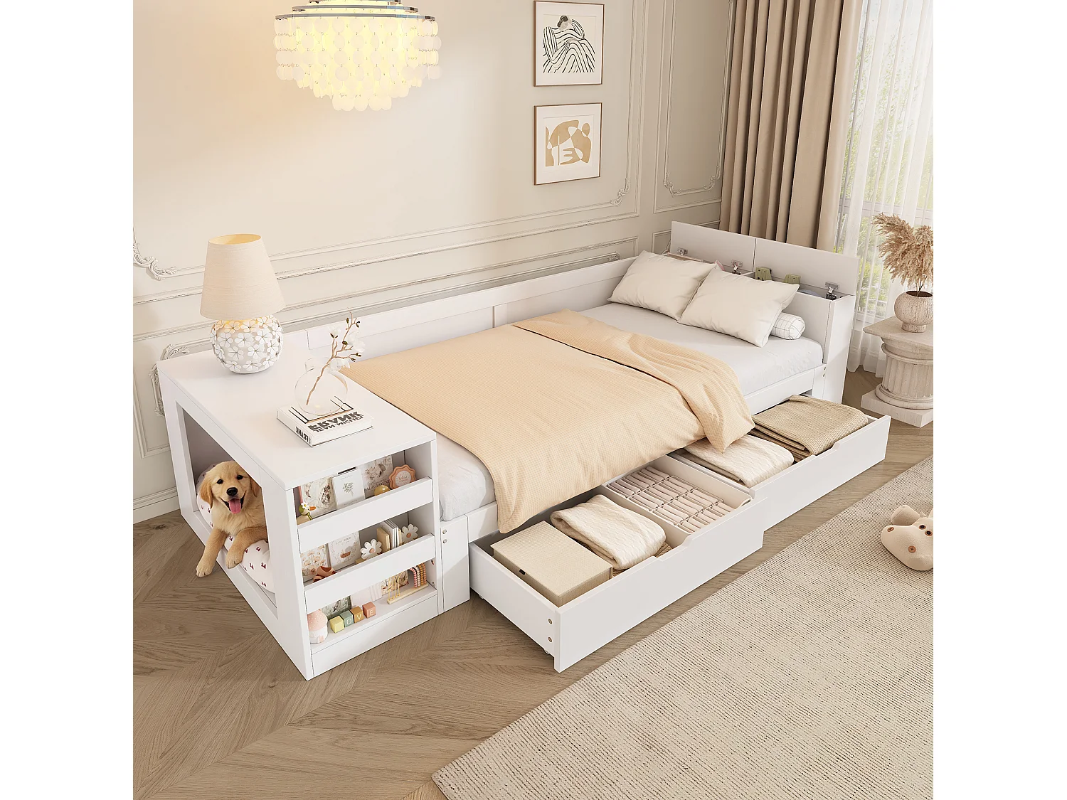 Canapé-lit simple en bois 90 x 200 cm - Avec espace pour animal - 2 tiroirs, 2 rangements et étagère latérale - MDF - Blanc (sans matelas)