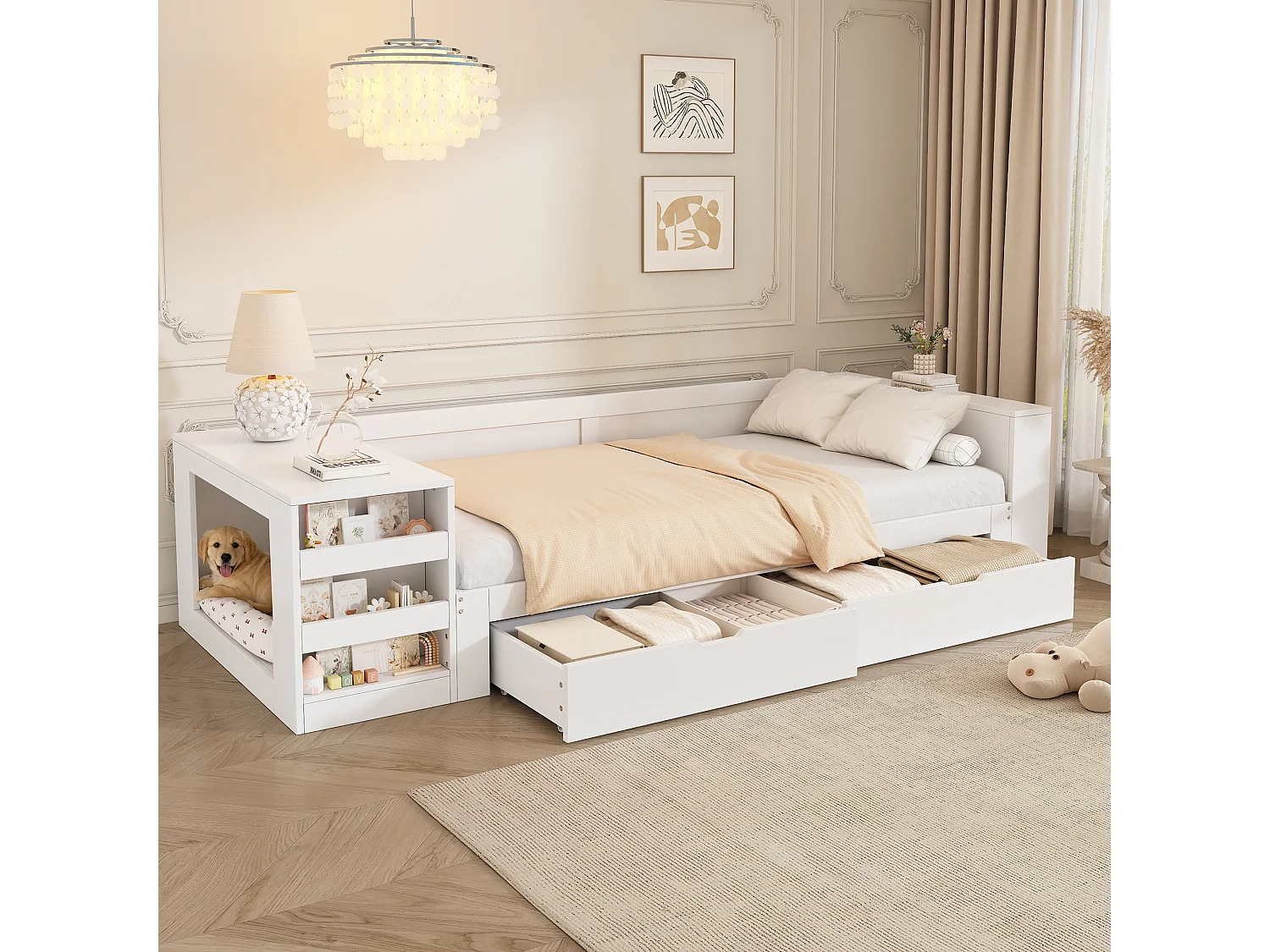 Canapé-lit simple en bois 90 x 200 cm - Avec espace pour animal - 2 tiroirs, 2 rangements et étagère latérale - MDF - Blanc (sans matelas)