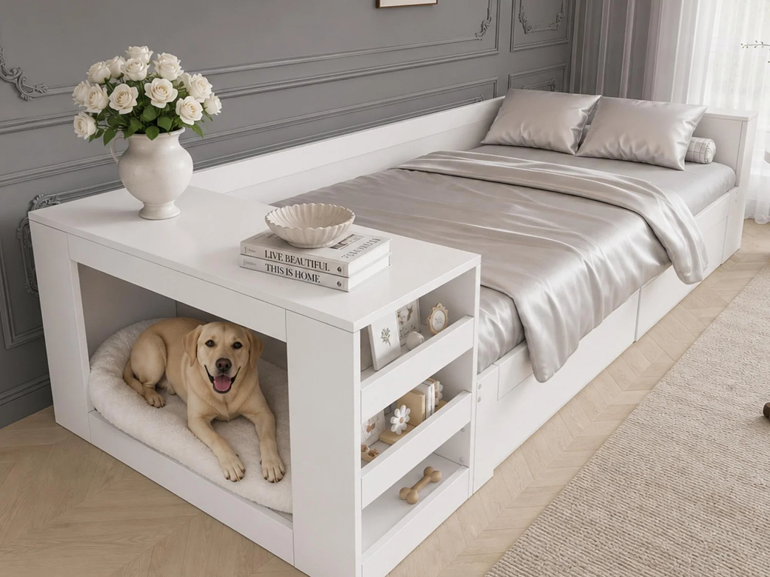 Canapé-lit simple en bois 90 x 200 cm - Avec espace pour animal - 2 tiroirs, 2 rangements et étagère latérale - MDF - Blanc (sans matelas)