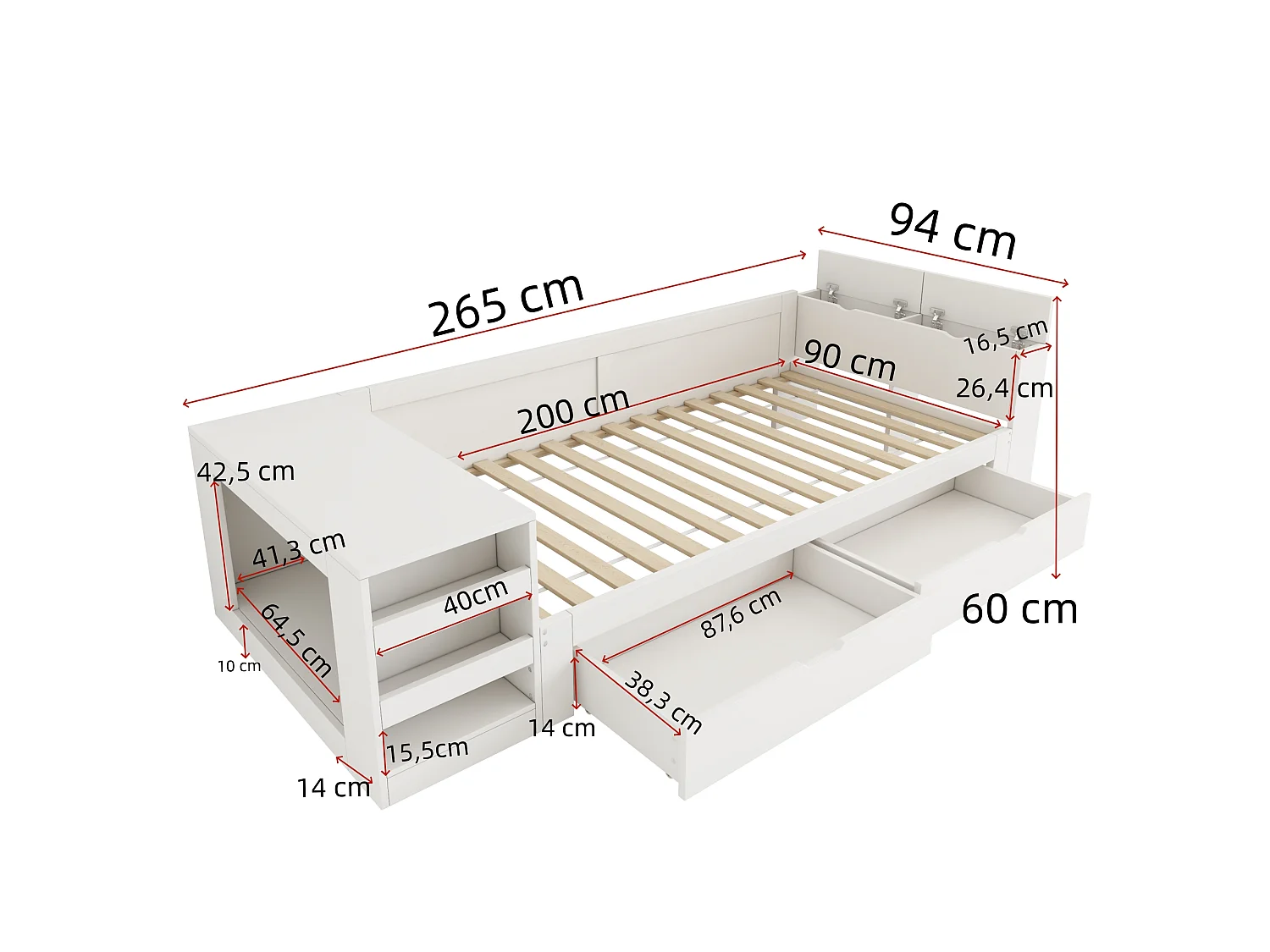 Canapé-lit simple en bois 90 x 200 cm - Avec espace pour animal - 2 tiroirs, 2 rangements et étagère latérale - MDF - Blanc (sans matelas)