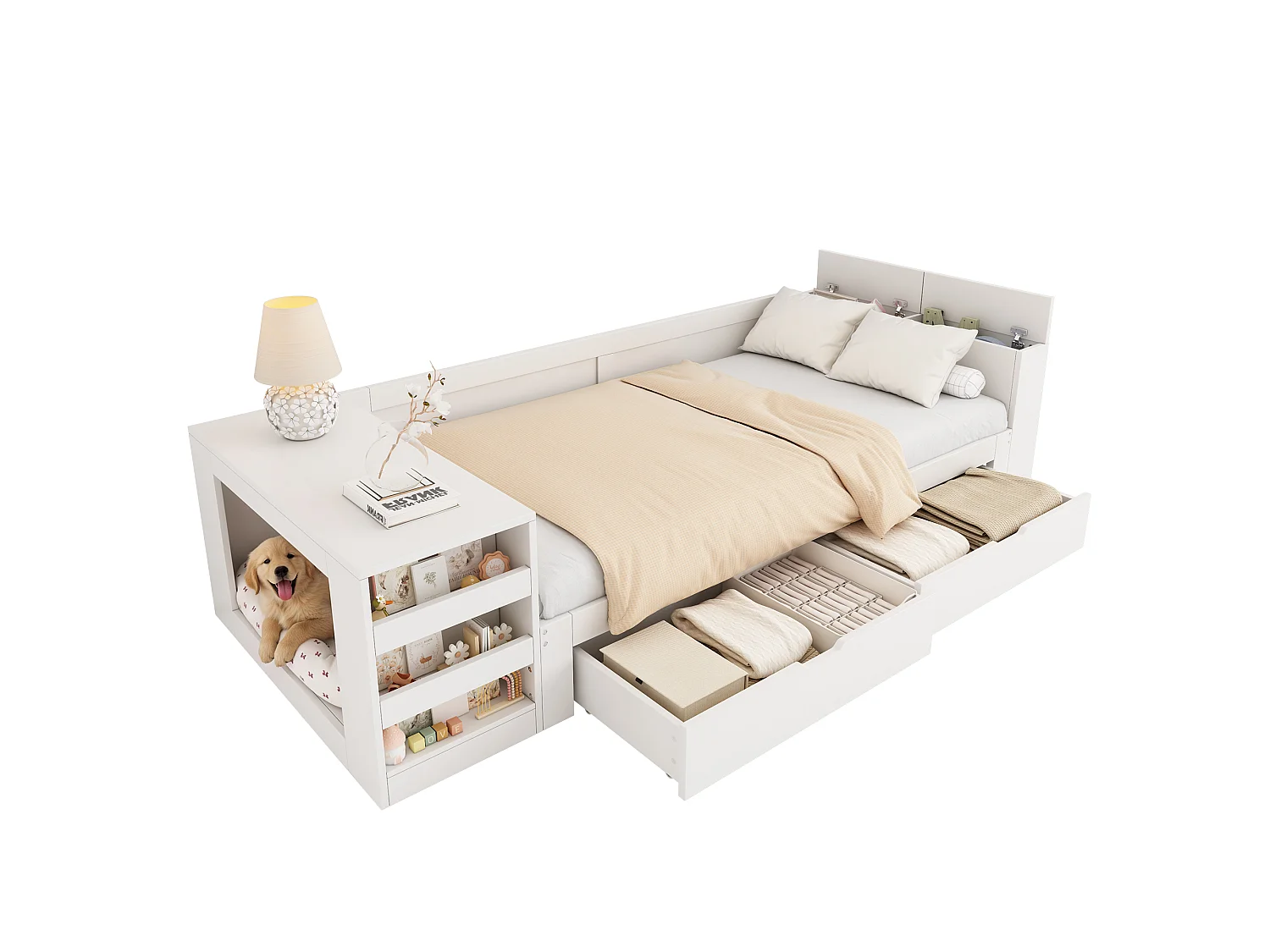 Canapé-lit simple en bois 90 x 200 cm - Avec espace pour animal - 2 tiroirs, 2 rangements et étagère latérale - MDF - Blanc (sans matelas)
