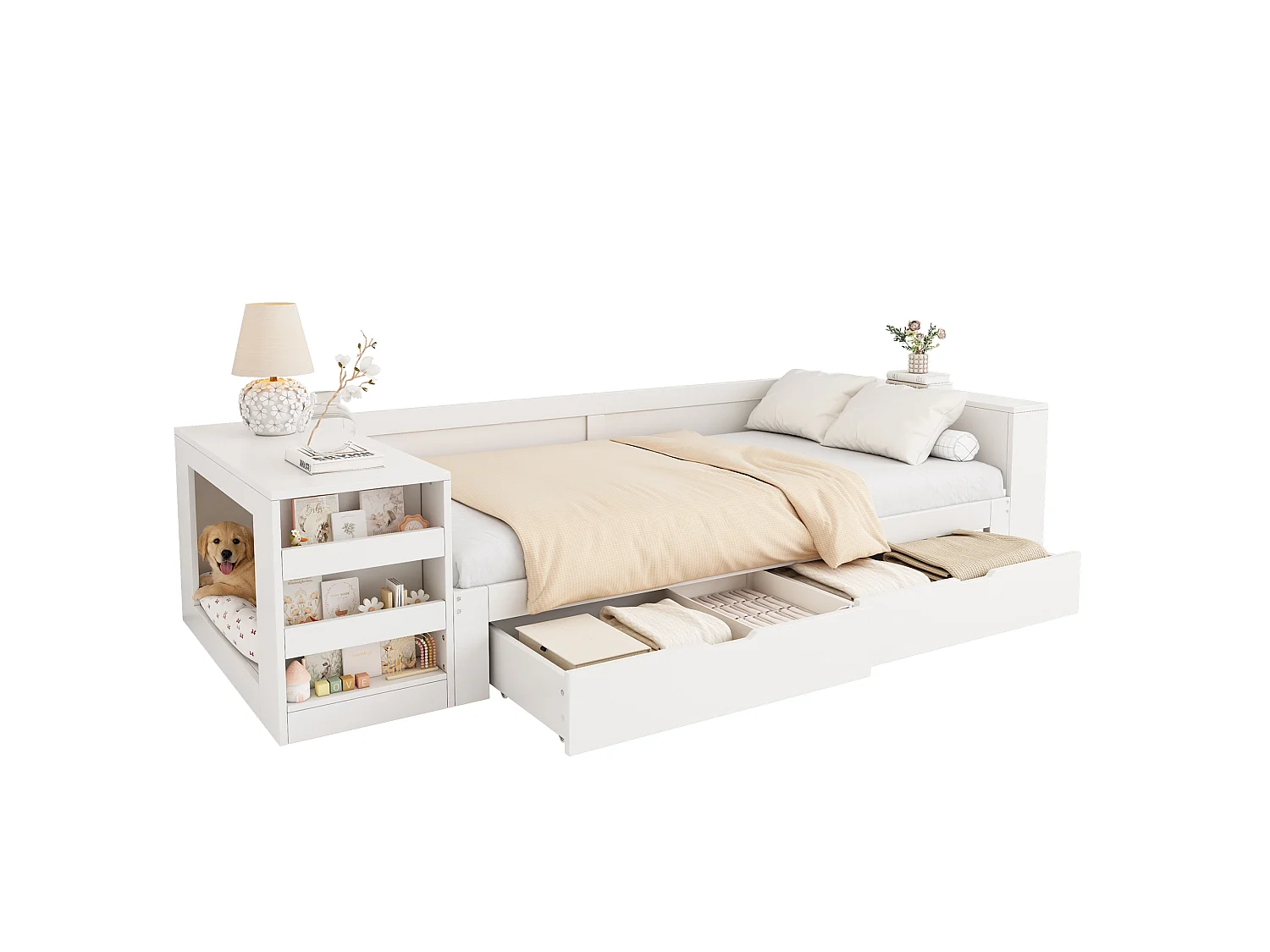 Canapé-lit simple en bois 90 x 200 cm - Avec espace pour animal - 2 tiroirs, 2 rangements et étagère latérale - MDF - Blanc (sans matelas)