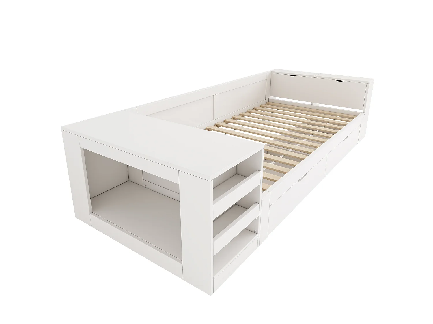 Canapé-lit simple en bois 90 x 200 cm - Avec espace pour animal - 2 tiroirs, 2 rangements et étagère latérale - MDF - Blanc (sans matelas)