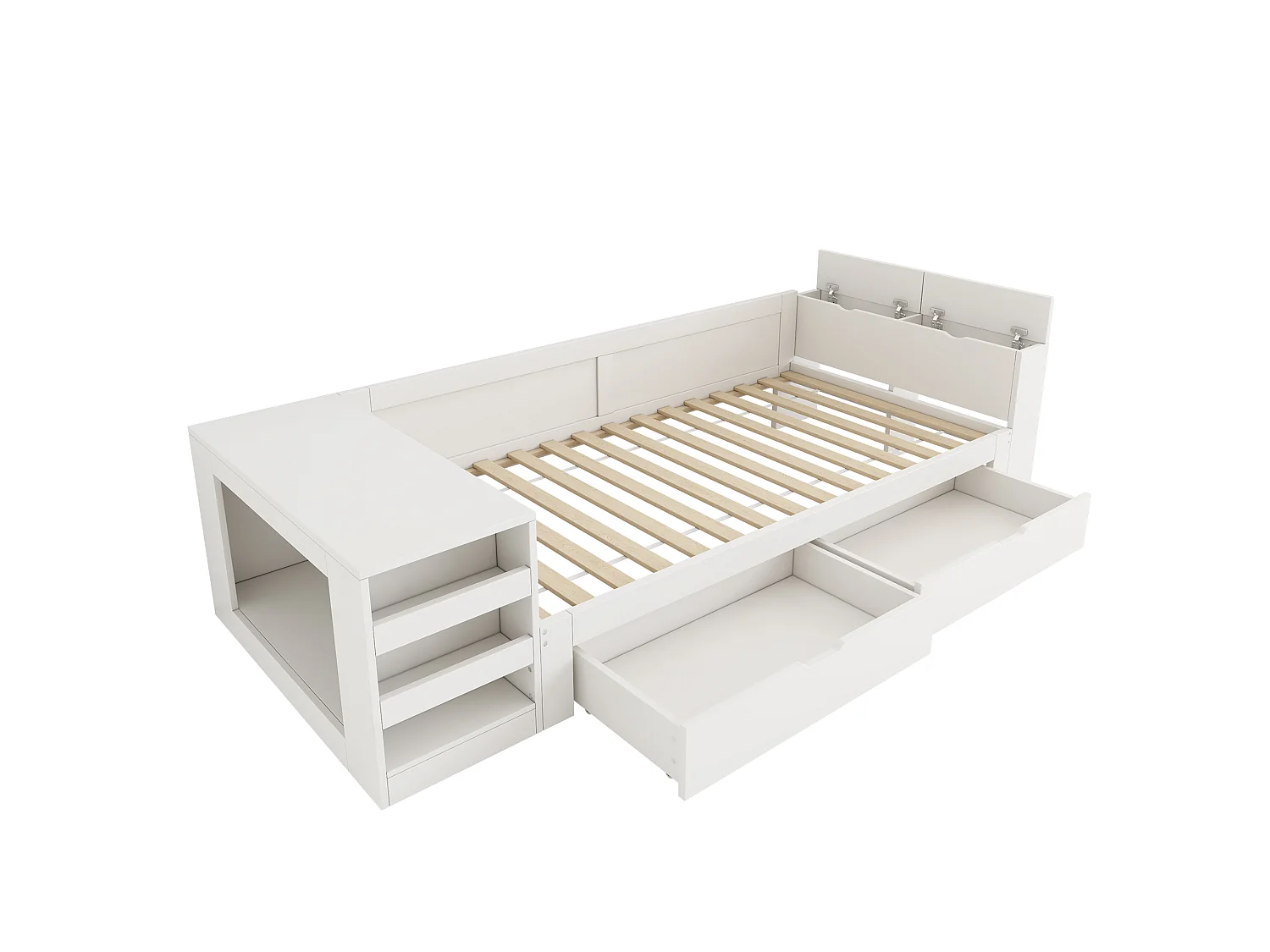 Canapé-lit simple en bois 90 x 200 cm - Avec espace pour animal - 2 tiroirs, 2 rangements et étagère latérale - MDF - Blanc (sans matelas)