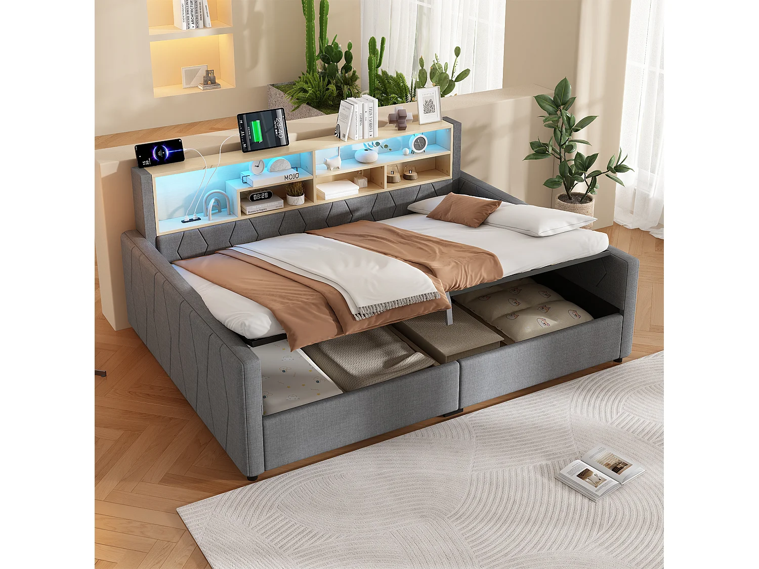 Bedbank met opbergruimte 140 x 200 cm - met stopcontact - met USB-poort - met LED-lichtstrip - linnenstof - Grijs (matras niet inbegrepen)