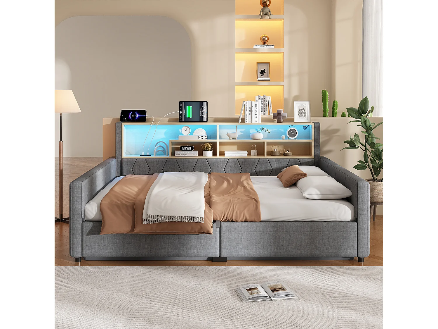 Bedbank met opbergruimte 140 x 200 cm - met stopcontact - met USB-poort - met LED-lichtstrip - linnenstof - Grijs (matras niet inbegrepen)