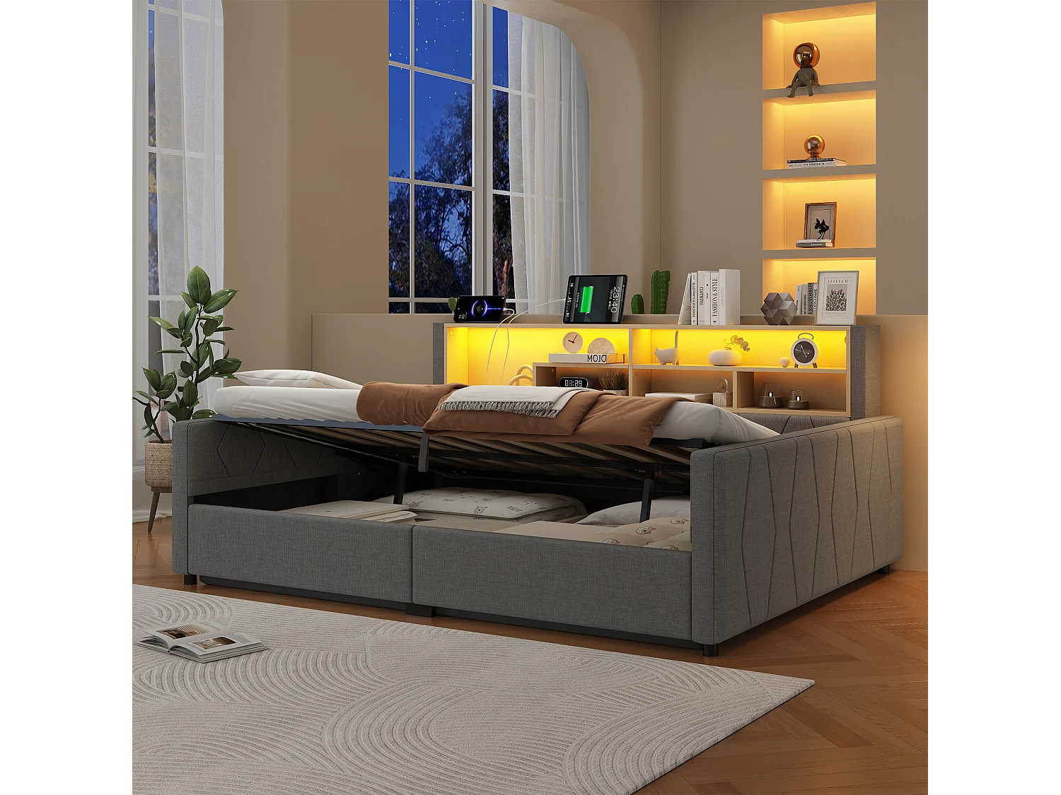 Bedbank met opbergruimte 140 x 200 cm - met stopcontact - met USB-poort - met LED-lichtstrip - linnenstof - Grijs (matras niet inbegrepen)