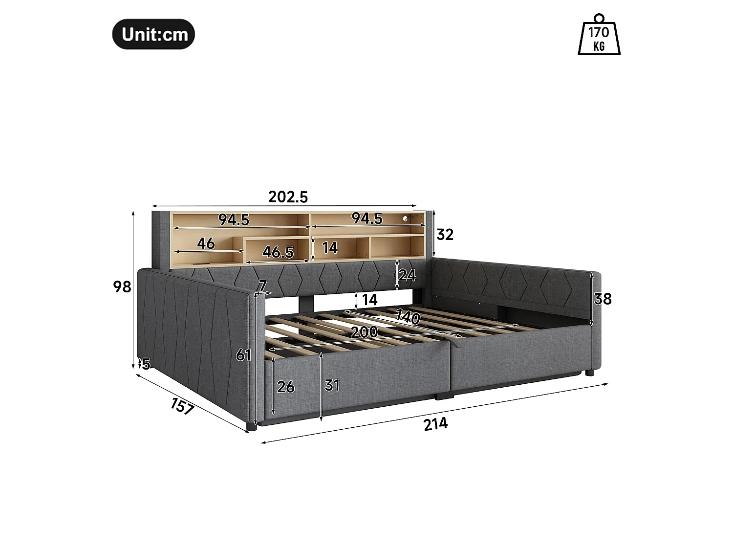 Bedbank met opbergruimte 140 x 200 cm - met stopcontact - met USB-poort - met LED-lichtstrip - linnenstof - Grijs (matras niet inbegrepen)