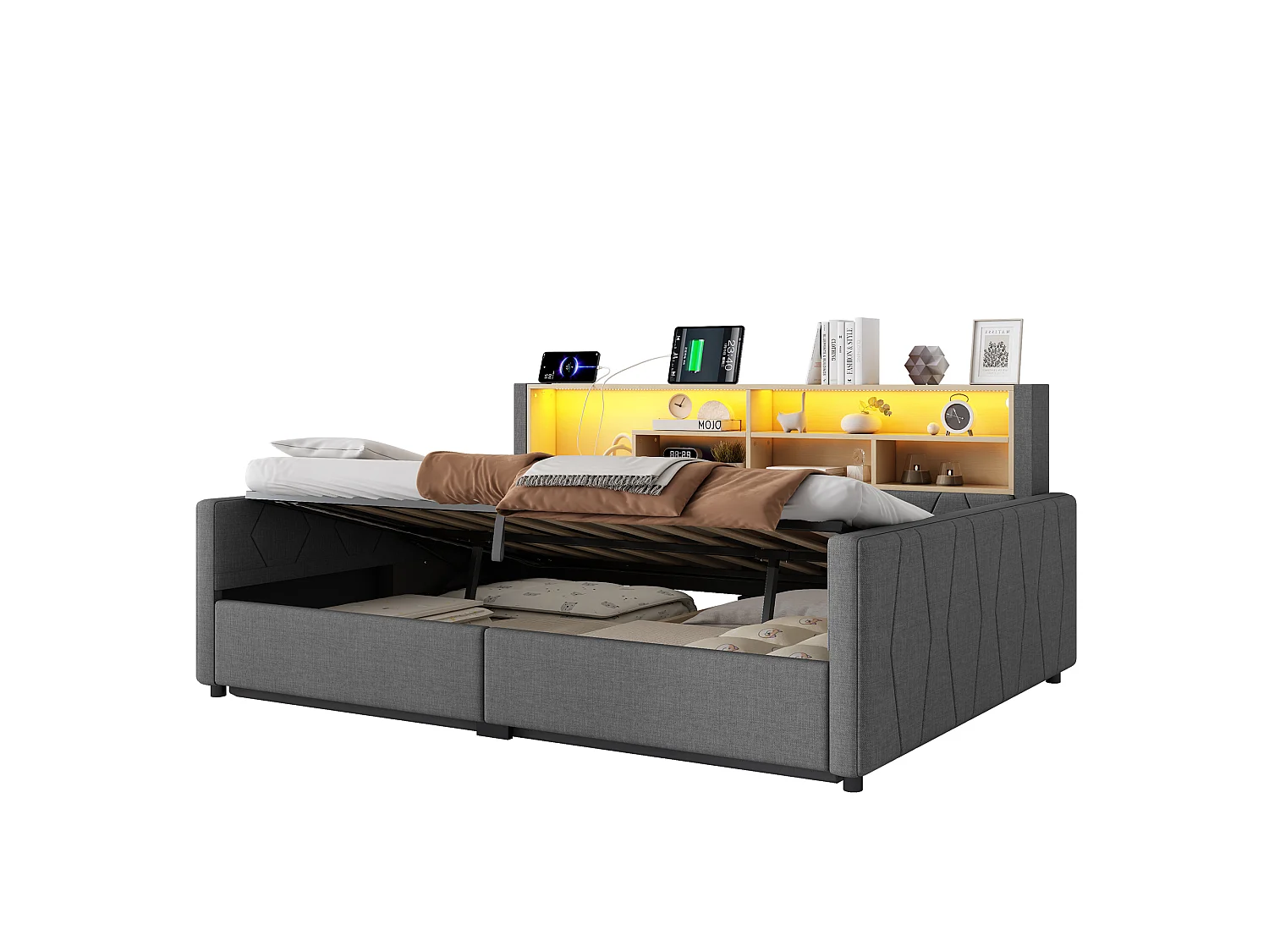 Bedbank met opbergruimte 140 x 200 cm - met stopcontact - met USB-poort - met LED-lichtstrip - linnenstof - Grijs (matras niet inbegrepen)