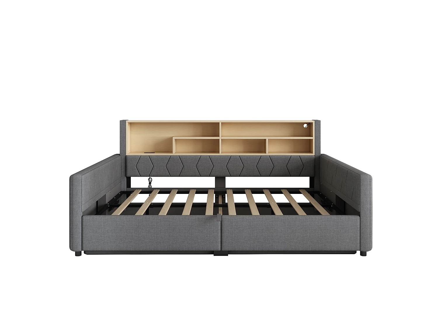 Bedbank met opbergruimte 140 x 200 cm - met stopcontact - met USB-poort - met LED-lichtstrip - linnenstof - Grijs (matras niet inbegrepen)
