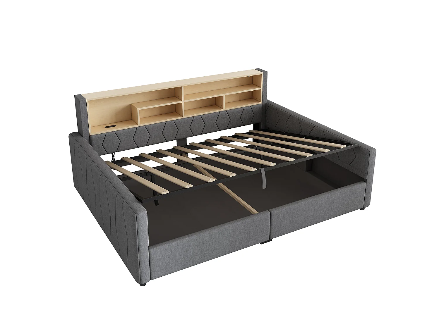 Bedbank met opbergruimte 140 x 200 cm - met stopcontact - met USB-poort - met LED-lichtstrip - linnenstof - Grijs (matras niet inbegrepen)