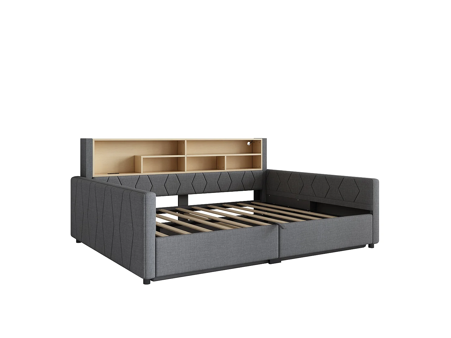 Bedbank met opbergruimte 140 x 200 cm - met stopcontact - met USB-poort - met LED-lichtstrip - linnenstof - Grijs (matras niet inbegrepen)