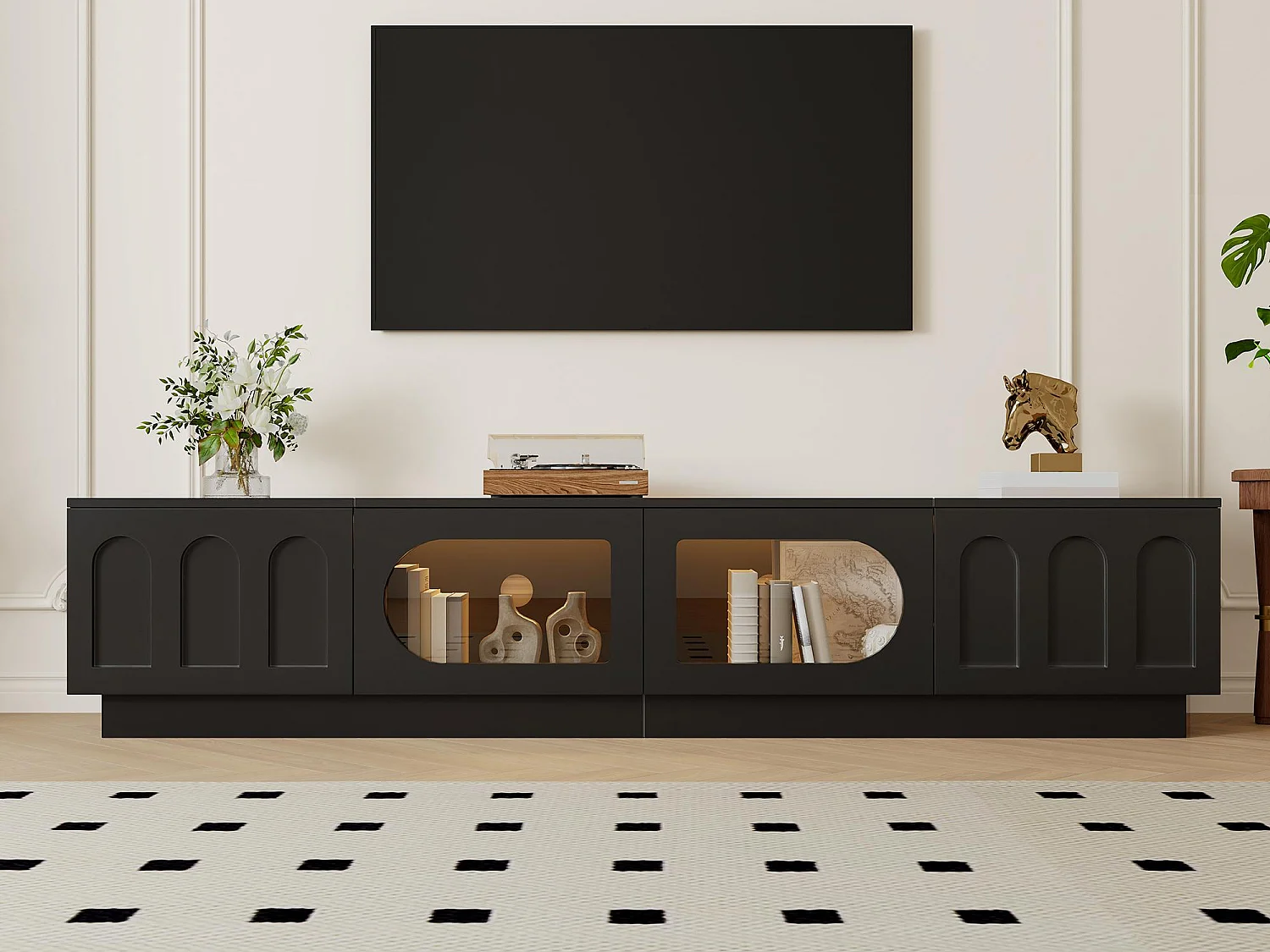 Nowoczesny meble TV 200 x 40 x 42 cm - 4 drzwi - Oświetlenie LED sterowane aplikacją - Drzwi szklane - MDF - Czarny
