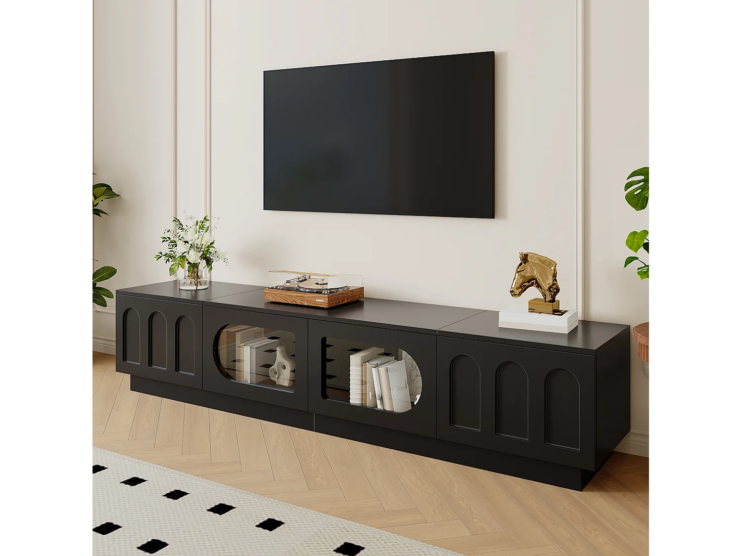 Nowoczesny meble TV 200 x 40 x 42 cm - 4 drzwi - Oświetlenie LED sterowane aplikacją - Drzwi szklane - MDF - Czarny