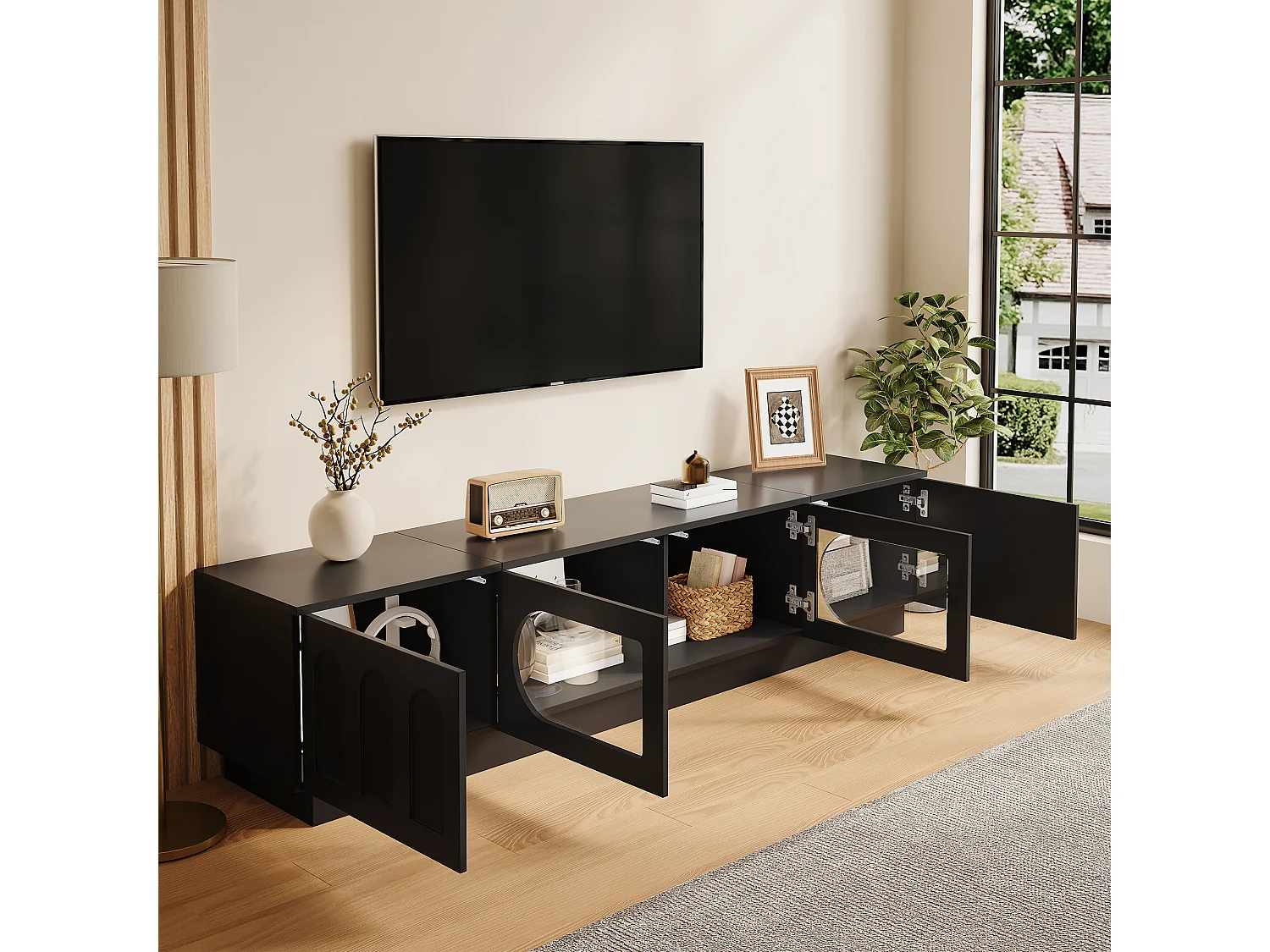 Nowoczesny meble TV 200 x 40 x 42 cm - 4 drzwi - Oświetlenie LED sterowane aplikacją - Drzwi szklane - MDF - Czarny