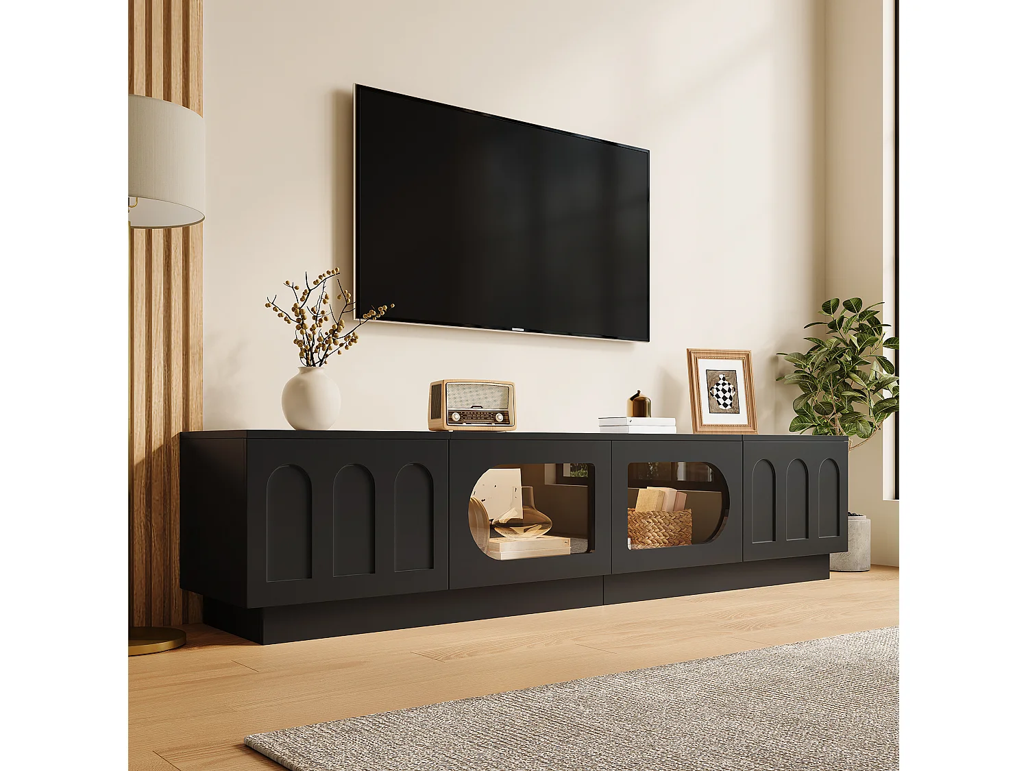 Nowoczesny meble TV 200 x 40 x 42 cm - 4 drzwi - Oświetlenie LED sterowane aplikacją - Drzwi szklane - MDF - Czarny