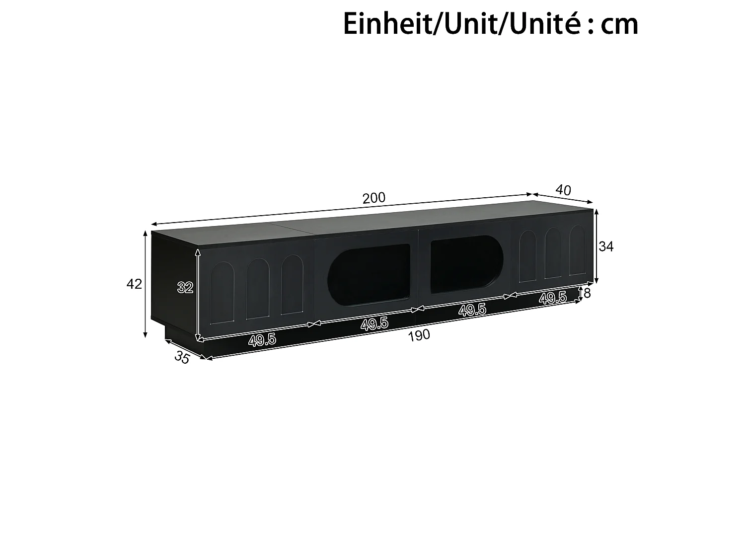 Nowoczesny meble TV 200 x 40 x 42 cm - 4 drzwi - Oświetlenie LED sterowane aplikacją - Drzwi szklane - MDF - Czarny