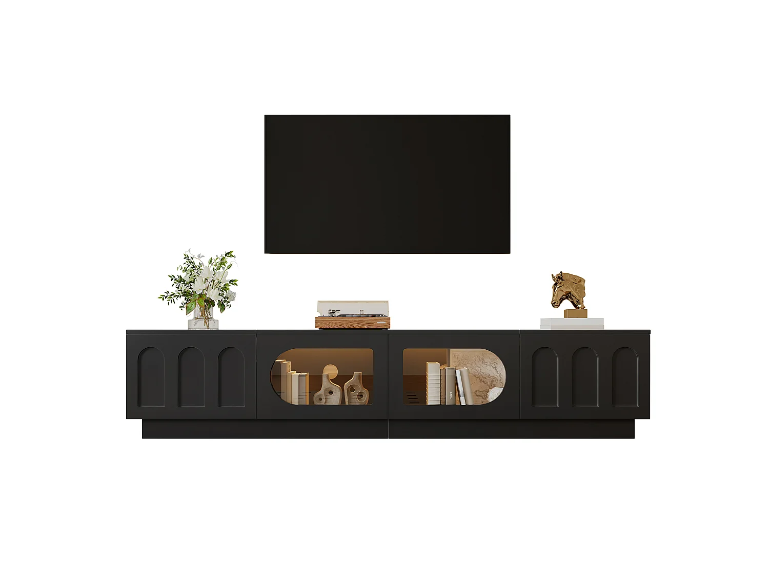 Nowoczesny meble TV 200 x 40 x 42 cm - 4 drzwi - Oświetlenie LED sterowane aplikacją - Drzwi szklane - MDF - Czarny