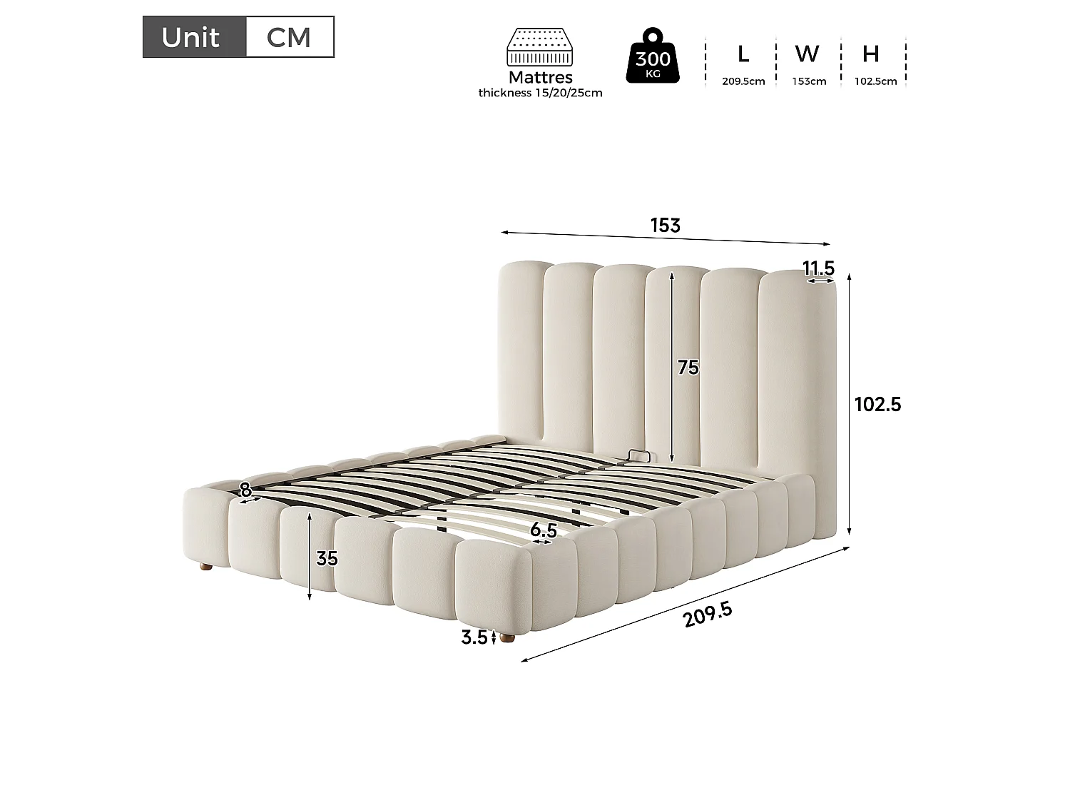 Lit double coffre capitonné 140x190 cm - avec tête de lit et coffre de rangement - Tissu velours - Beige (sans matelas )