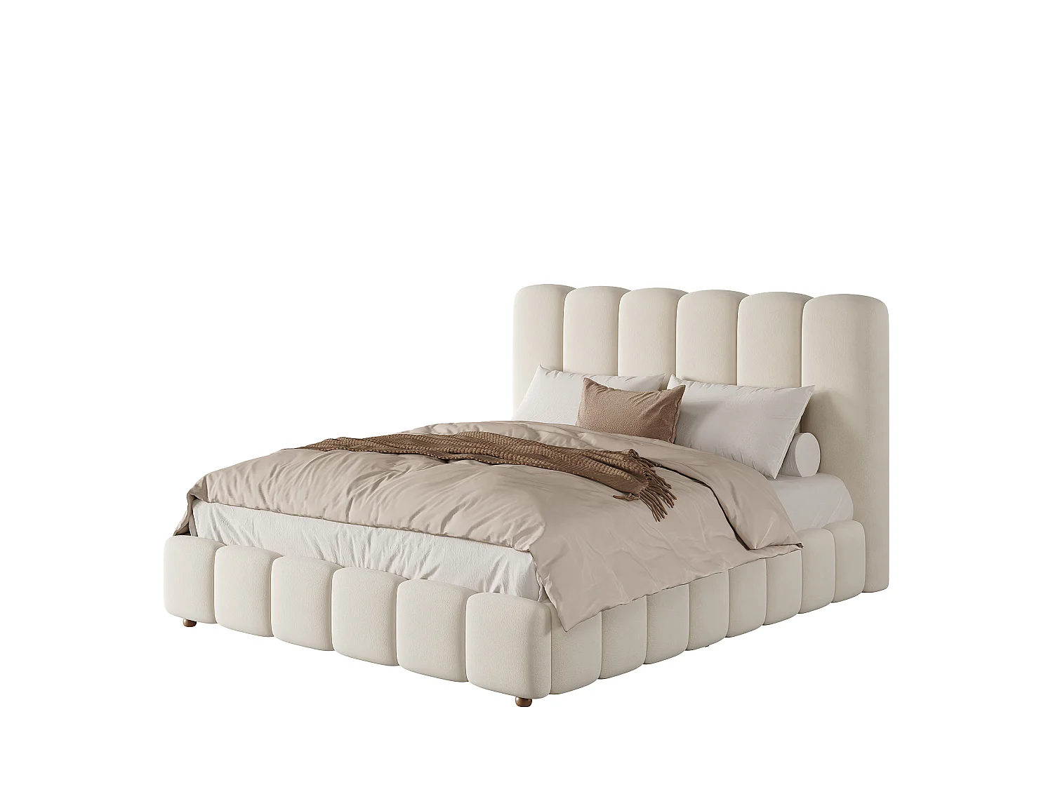 Lit double coffre capitonné 140x190 cm - avec tête de lit et coffre de rangement - Tissu velours - Beige (sans matelas )