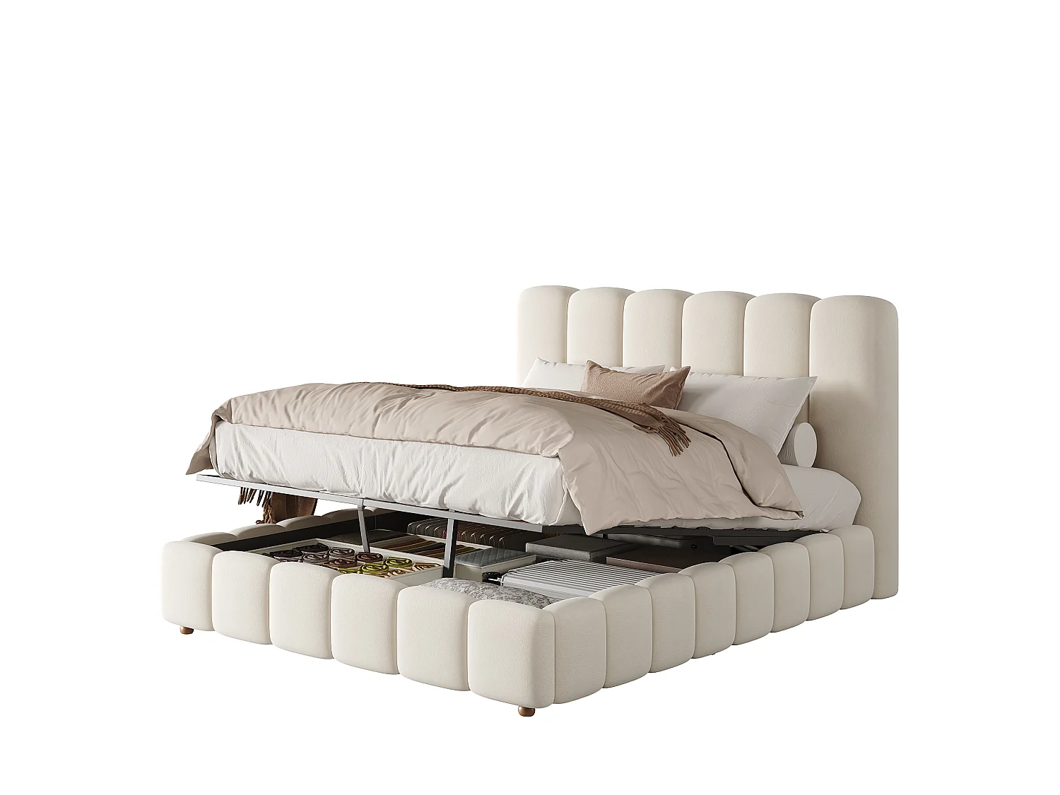 Lit double coffre capitonné 140x190 cm - avec tête de lit et coffre de rangement - Tissu velours - Beige (sans matelas )