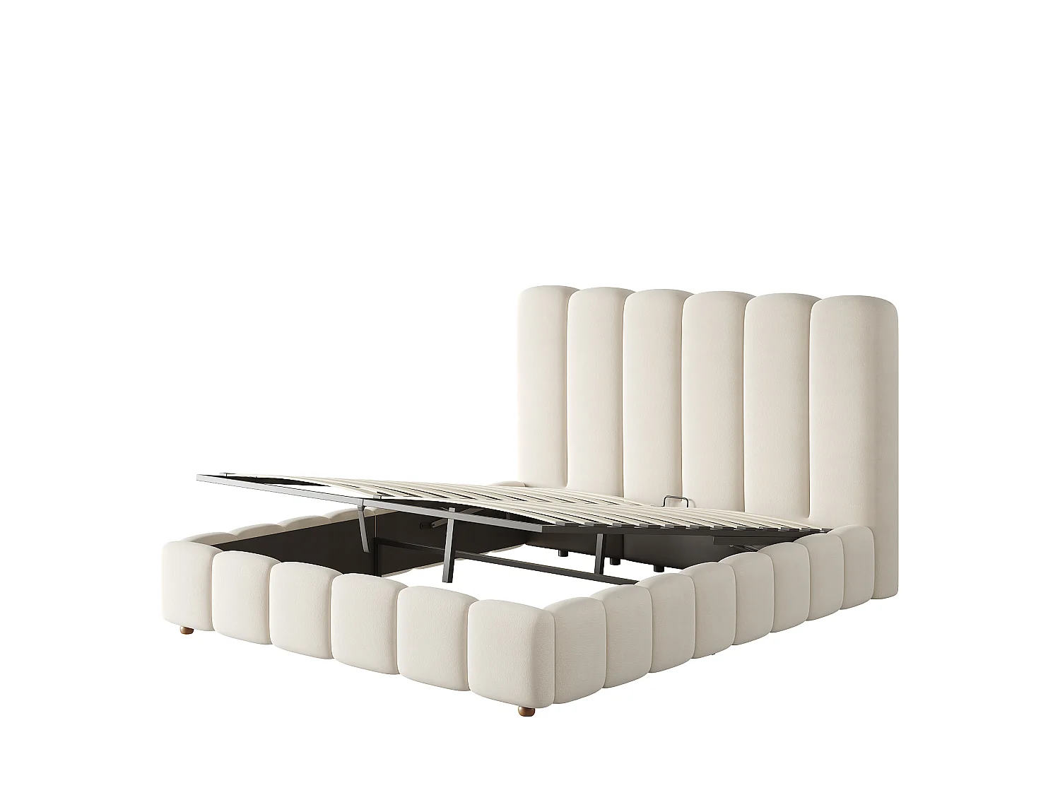 Lit double coffre capitonné 140x190 cm - avec tête de lit et coffre de rangement - Tissu velours - Beige (sans matelas )